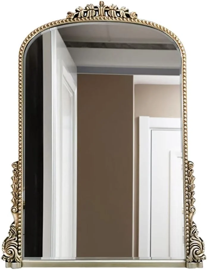 آینه دیواری تزئینی، آینه قوسی، آینه دکور دیوار، آینه حمام، آینه آرایش، آینه میز آرایش اتاق خواب، آینه دکور ورودی، آینه تزئین شده با قاب (رنگ: نقره ای، اندازه: 80 * 60 سانتی متر)