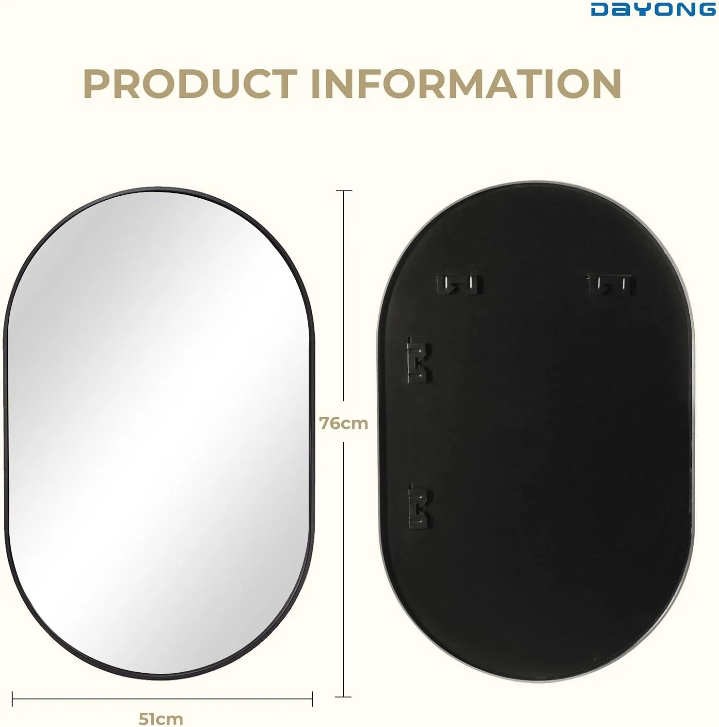 آینه بیضی شکل دایونگ برای حمام، 76x51 سانتی متر، قاب آلیاژ آلومینیوم، آینه تزئینی با کیفیت بالا برای نصب روی دیوار در حمام، دستشویی، اتاق خواب، ورودی