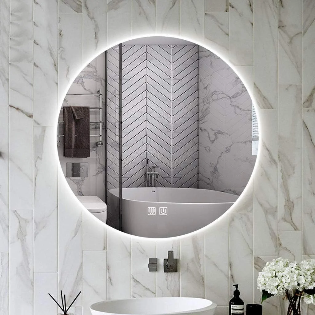 آینه دیواری گرد هوشمند، آینه تزئینی برای حمام، آینه شیشه ای آویز اصلاح، کلید لمسی، برای اتاق خواب، اتاق نشیمن، ورودی