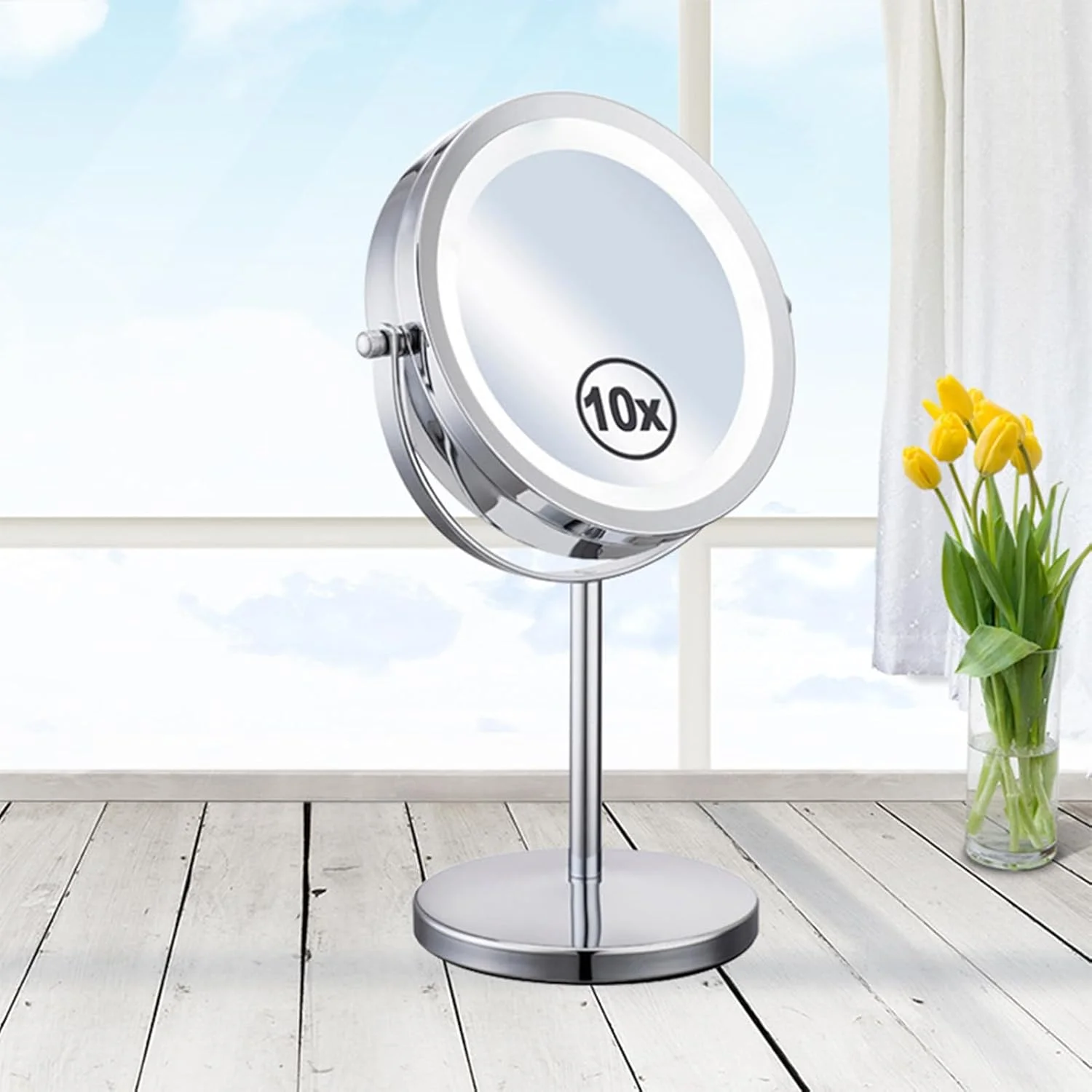 آینه آرایشی دو طرفه بزرگنمایی Cryfokt، آینه بزرگنمایی 5 برابر، آینه رومیزی با چرخش 360 درجه با نور LED، آینه بزرگنمایی برای خانه، روشویی حمام و مسافرت