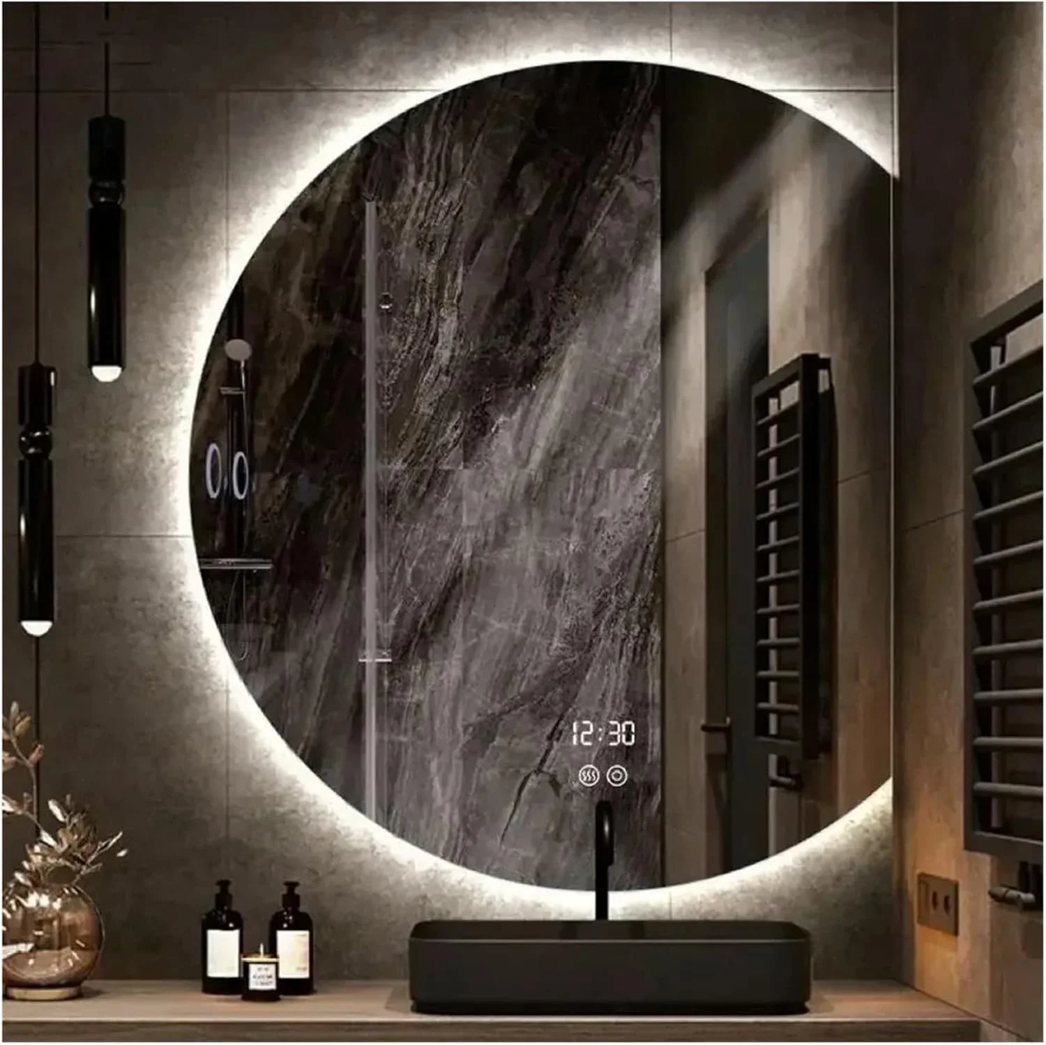 آینه دیواری گرد تزئینی 84x91 سانتی متر با نور LED، مناسب برای آرایش و دکوراسیون حمام