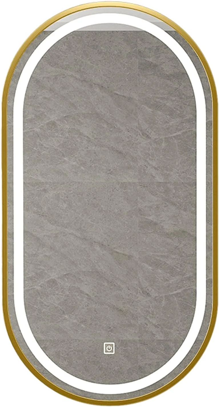 آینه تزئینی با قاب فلزی، آینه آرایش LED بیضی شکل، آینه های حمام تزئینی مدرن، طلایی، سبک مدرن، نور سفید سرد 6000K، حسگر لمسی، روشنایی قابل تنظیم، 90x60 سانتی متر (35.4inx23.6in)