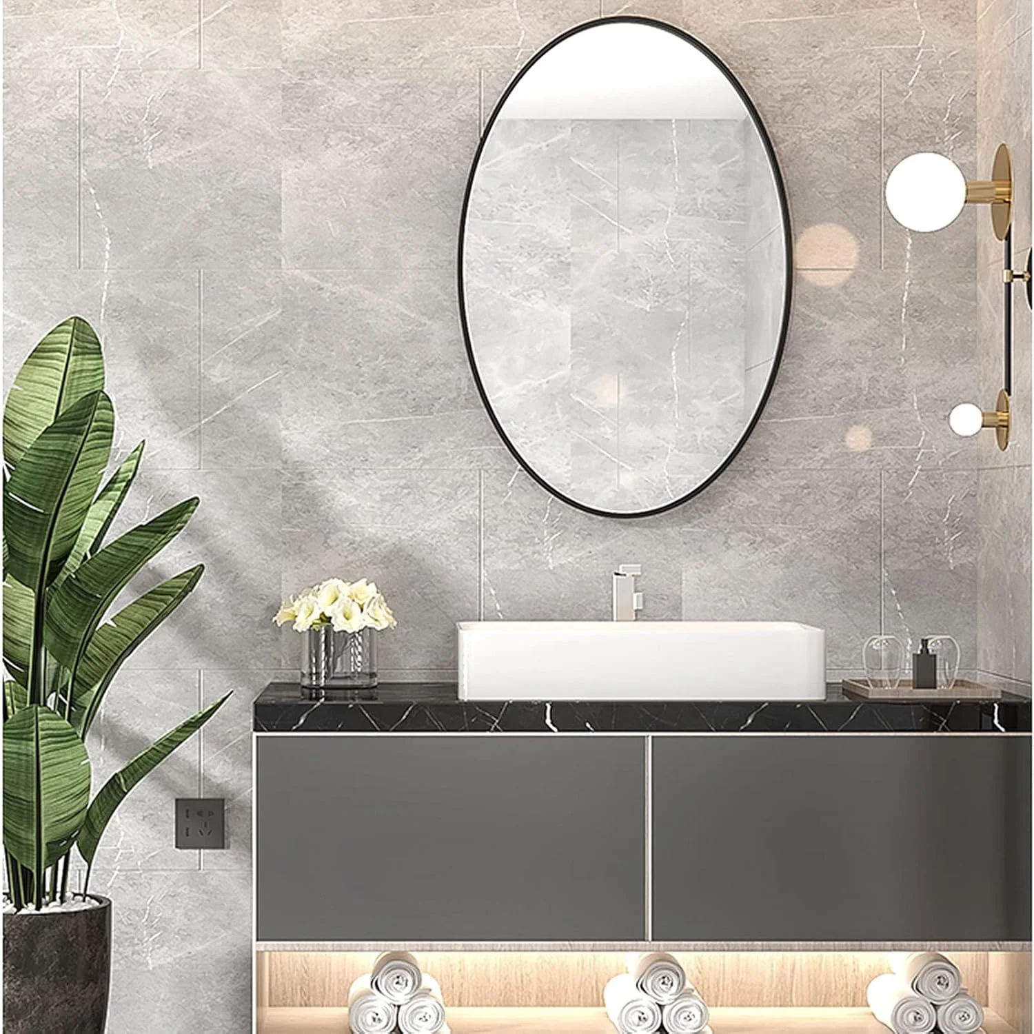 آینه تزئینی بیضی شکل، آینه حمام با قاب فلزی، آینه دیواری برای روشویی، اتاق نشیمن، اتاق خواب، ورودی، مشکی، طلایی، آویز عمودی یا افقی (رنگ: مشکی، اندازه: (مشکی 60X