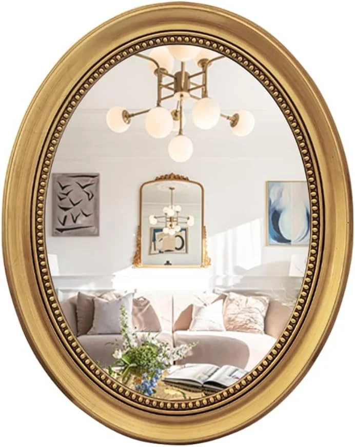 آینه دیواری بیضی شکل تزئینی، آینه دیواری دکوراتیو، آینه آرایش، آینه روشویی اتاق خواب، آینه دکوری ورودی، آینه با قاب تزیین شده