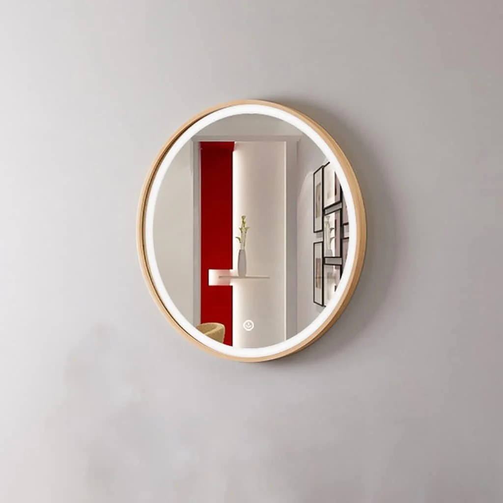 آینه دیواری دایره ای تزئینی، آینه گرد دیواری، آینه حمام، آینه آرایش، آینه روشویی اتاق خواب، آینه دکور راهرو، آینه با قاب چوبی (رنگ: چوب، اندازه: 50 سانتی متر / 19.7 اینچ)