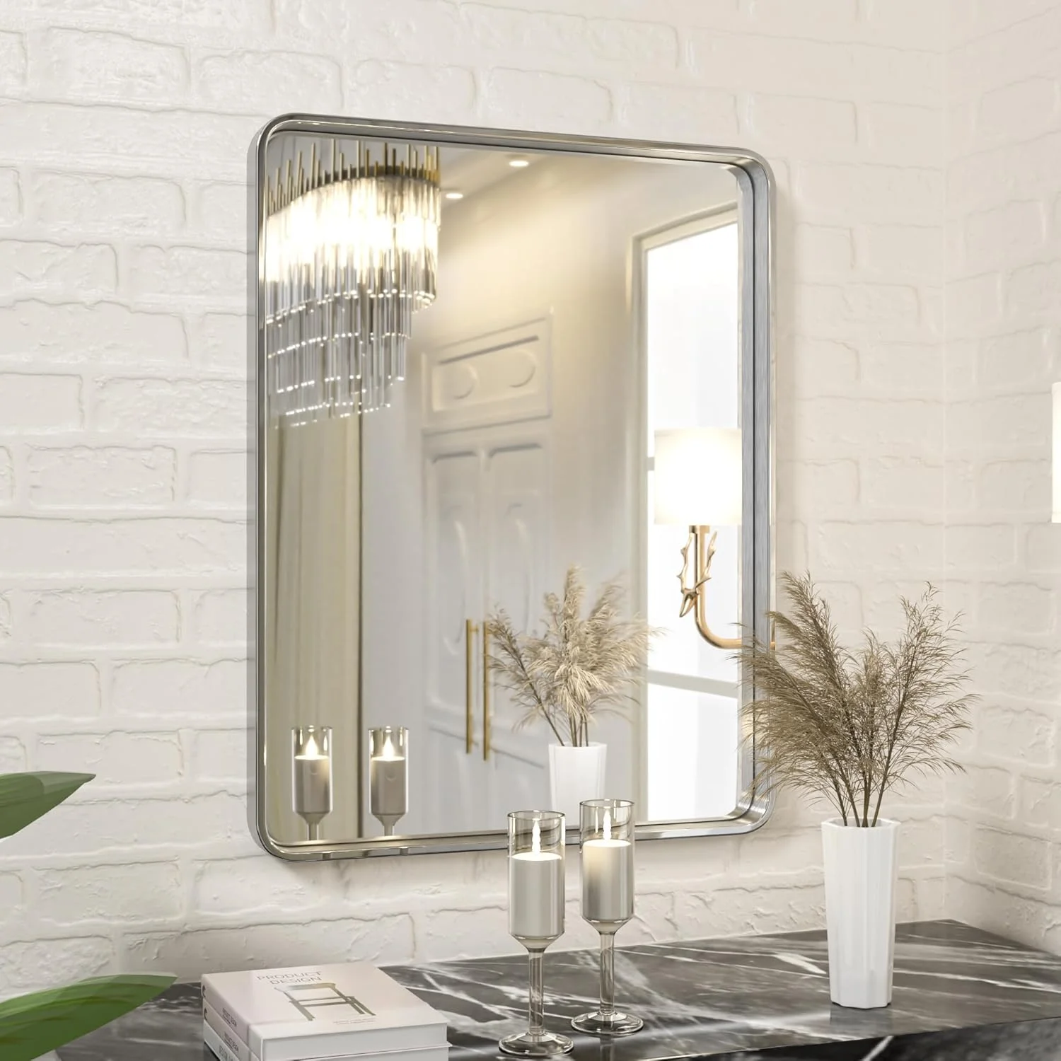 آینه دیواری مستطیلی دِنریک با قاب فلزی برس خورده نیکل، مناسب حمام، سایز 40*50 سانتیمتر (قابل نصب افقی/عمودی)