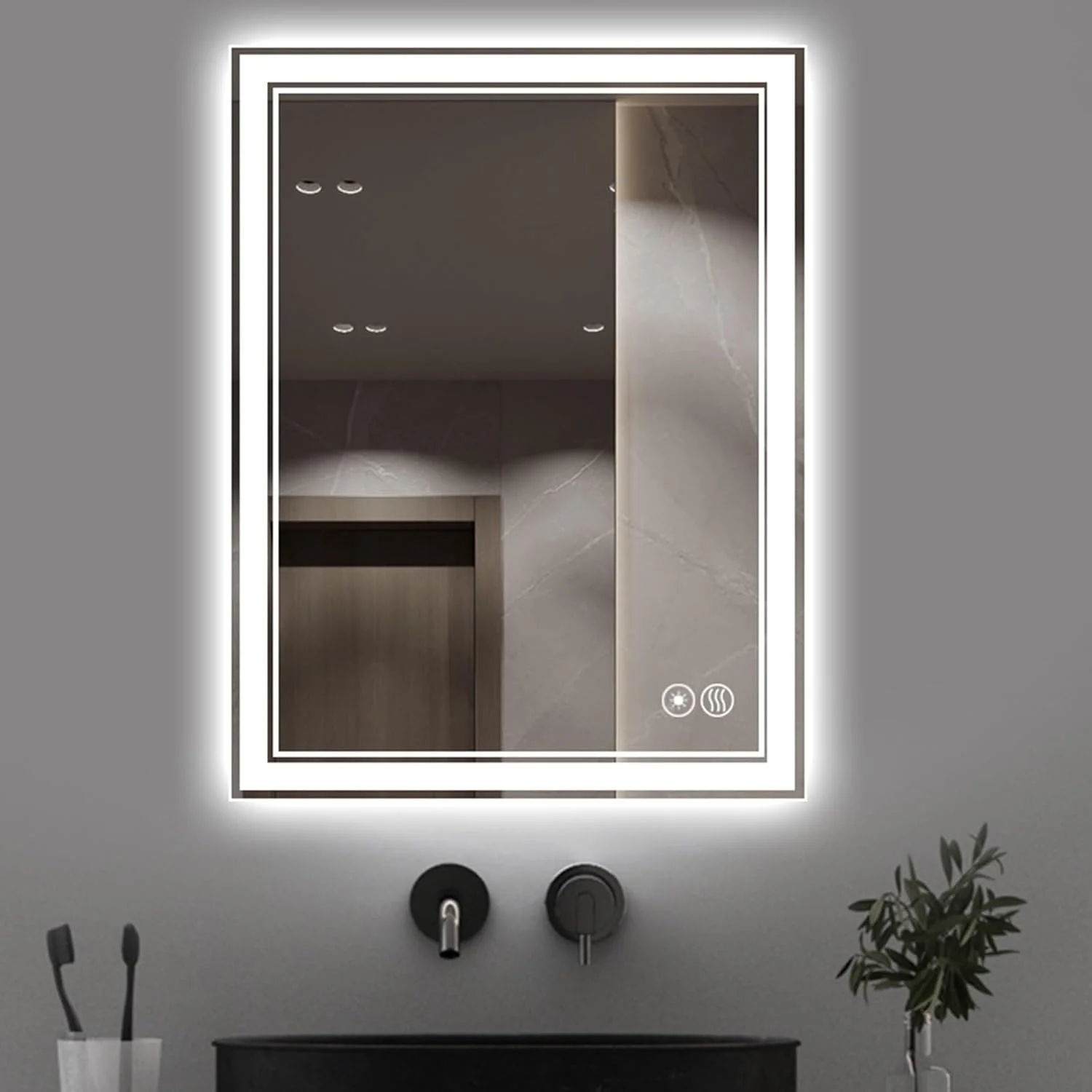 آینه حمام مربعی، آینه حمام ال ای دی دار، آینه روشویی ضد بخار، کم نور کننده سه رنگ بی نهایت، کلید لمسی هوشمند دیواری، مناسب برای حمام، دکوراسیون منزل (نور سه رنگ، 15