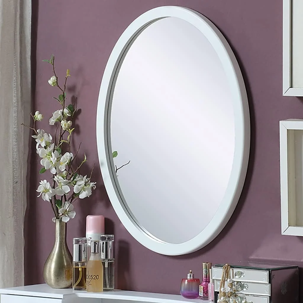 آینه دیواری بیضی شکل با قاب چوبی محکم، آینه تزئینی، آینه دیواری، آینه حمام، آینه آرایش، آینه روشویی اتاق خواب، آینه دکوری ورودی (رنگ: سفید، اندازه: 58 * 43 سانتی متر)