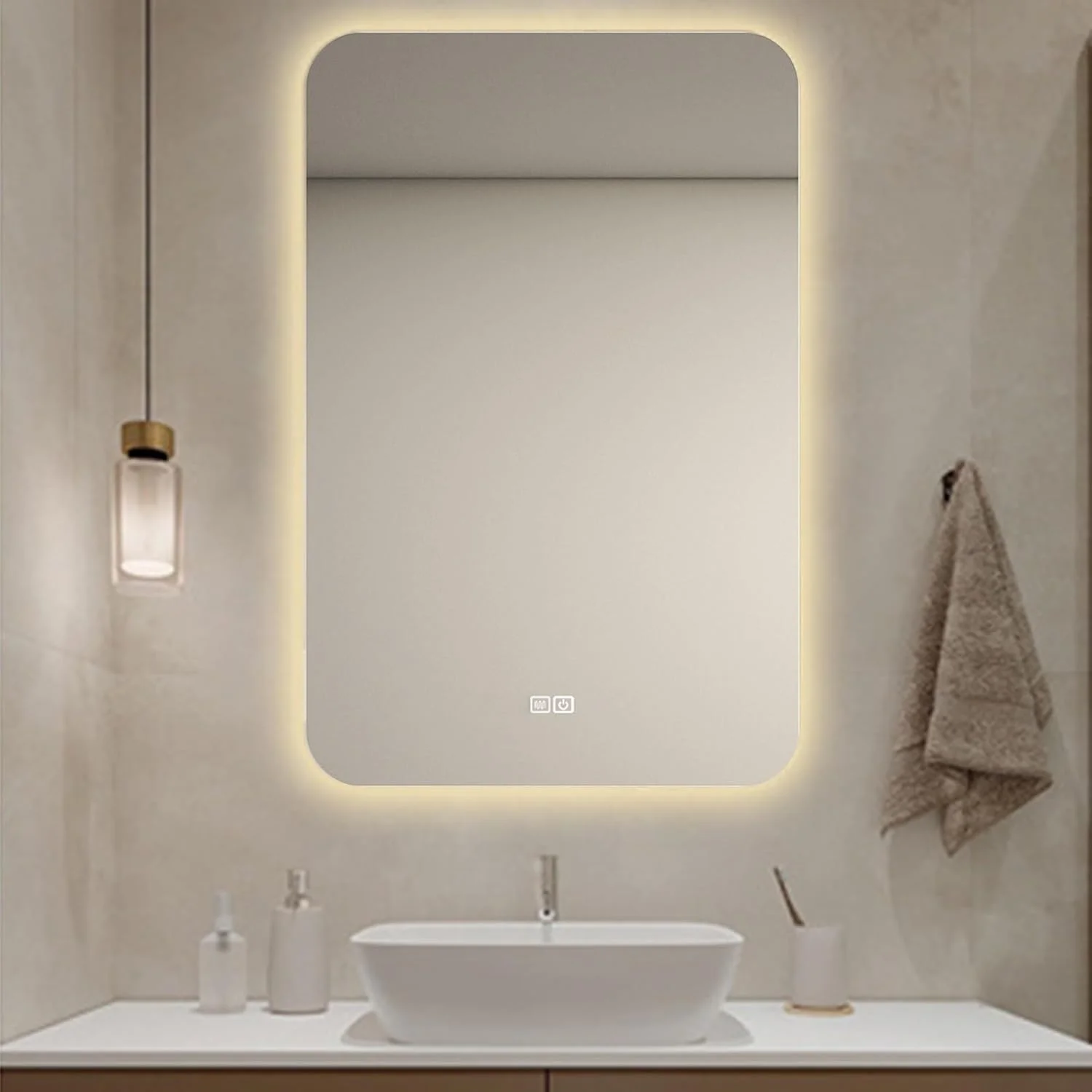 آینه حمام مربعی ضد بخار، آینه حمام ال ای دی دار، آینه حمام ال ای دی ضد انفجار HD، نور سه رنگ قابل تنظیم، آینه دیواری لمسی برای حمام، دستشویی (نور سه رنگ)