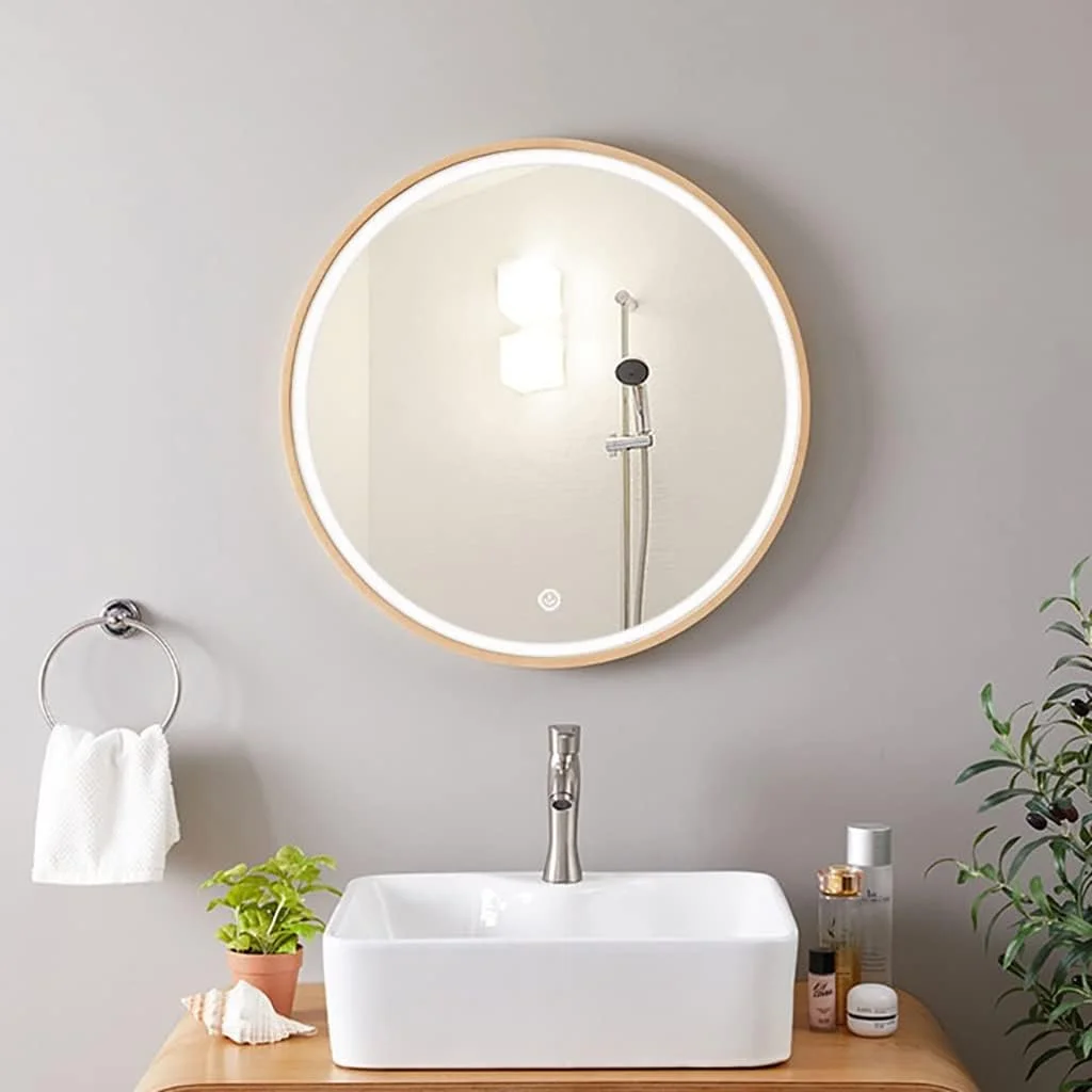 آینه دیواری دایره ای تزئینی، آینه گرد دیواری، آینه حمام، آینه آرایش، آینه روشویی اتاق خواب، آینه دکور راهرو، آینه با قاب چوبی (رنگ: چوب، اندازه: 50 سانتی متر / 19.7 اینچ)