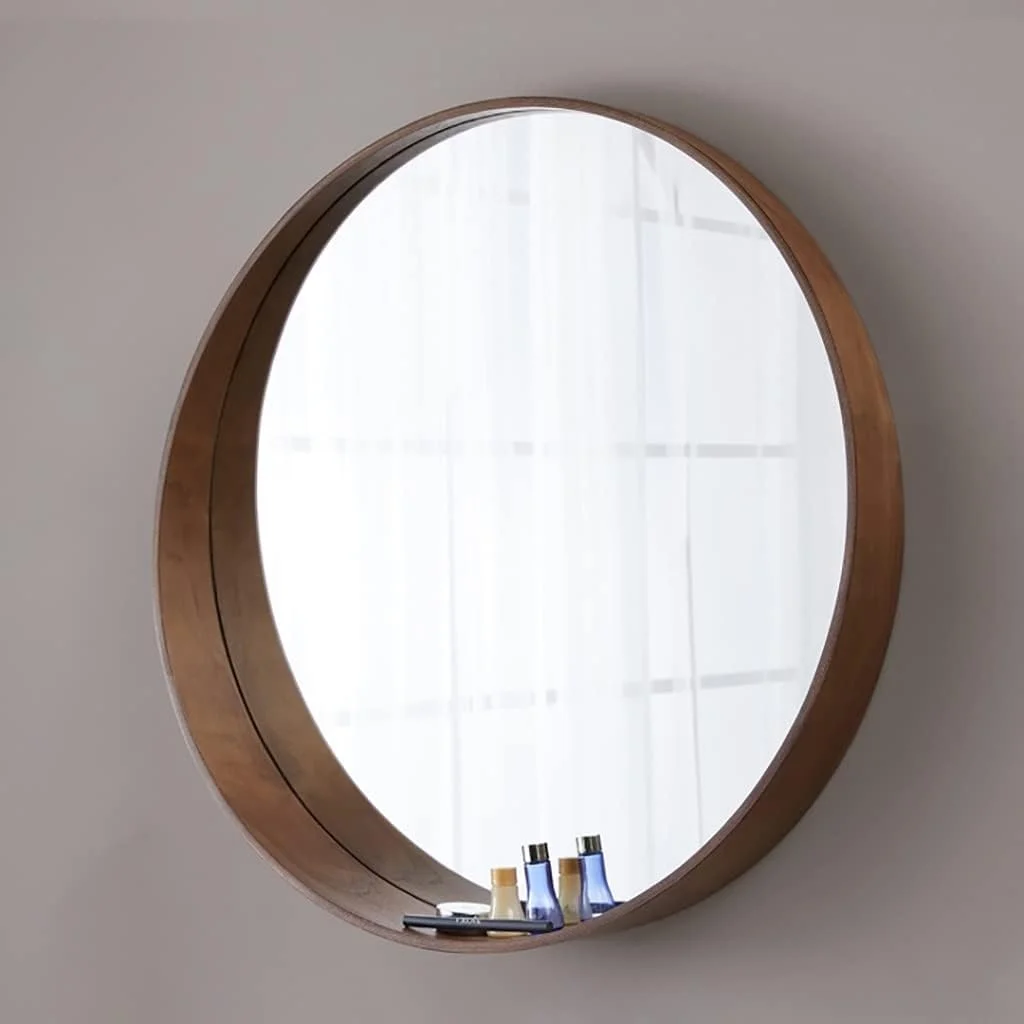 آینه دیواری دایره ای تزئینی، آینه دیواری گرد، آینه حمام، آینه آرایش، آینه روشویی اتاق خواب، آینه دکوری ورودی، آینه با قاب چوبی (رنگ: گردویی، اندازه: 50 سانتی متر / 19.7 اینچ)