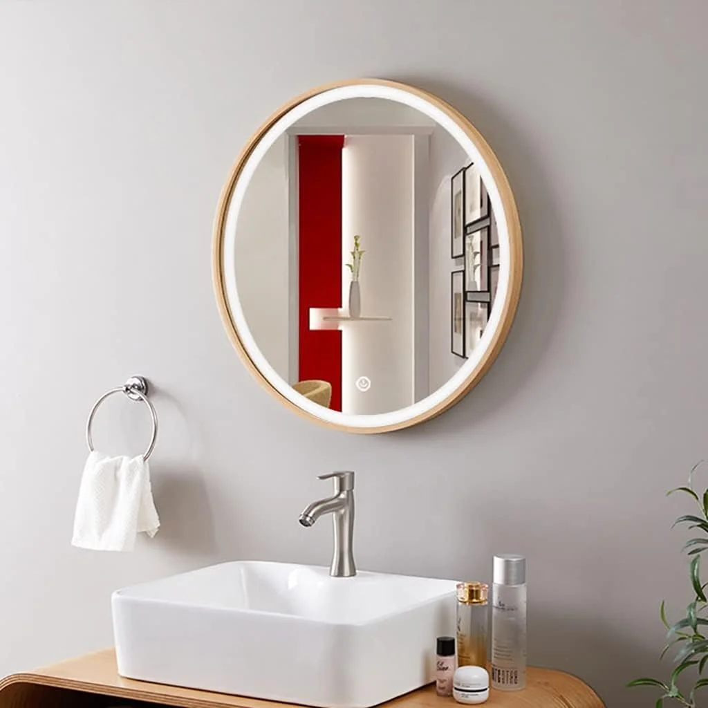 آینه دیواری دایره ای تزئینی، آینه گرد دیواری، آینه حمام، آینه آرایش، آینه روشویی اتاق خواب، آینه دکور راهرو، آینه با قاب چوبی (رنگ: چوب، اندازه: 50 سانتی متر / 19.7 اینچ)