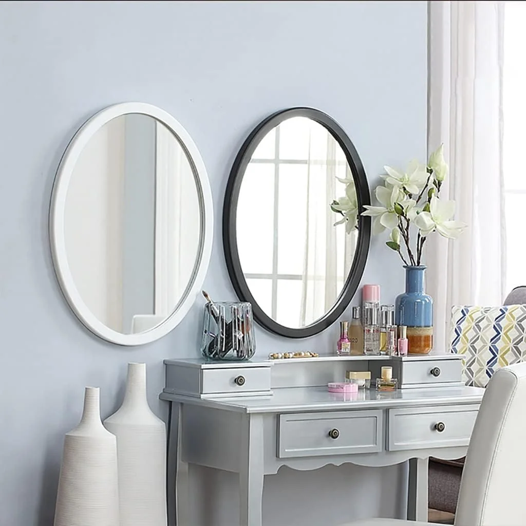 آینه دیواری بیضی شکل با قاب چوبی محکم، آینه تزئینی، آینه دیواری، آینه حمام، آینه آرایش، آینه روشویی اتاق خواب، آینه دکوری ورودی (رنگ: سفید، اندازه: 58 * 43 سانتی متر)
