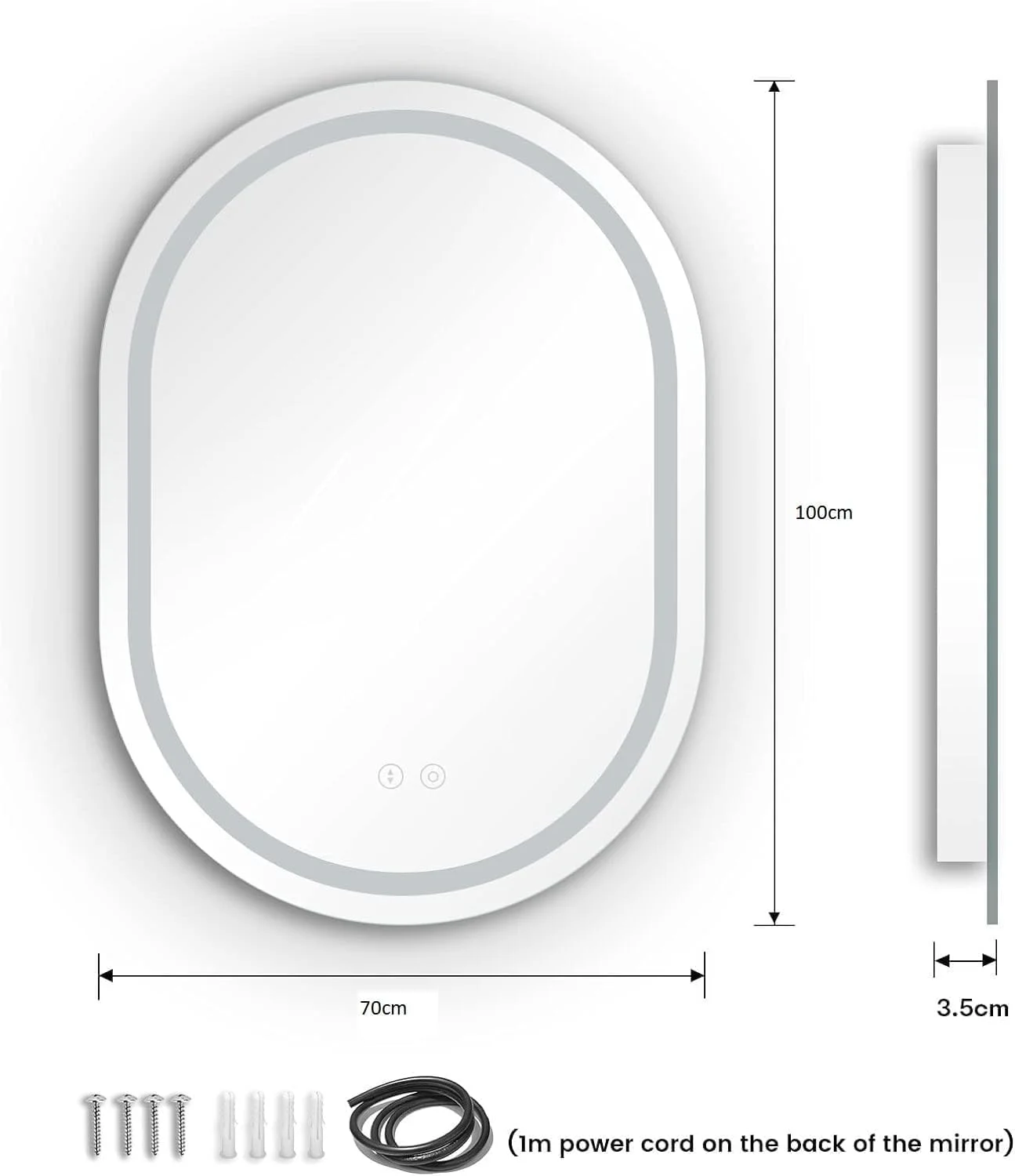 آینه حمام LED بیضی شکل DECORHILLS، آینه روشویی 100x70 سانتی متر، ضد بخار، نور 3 رنگ دیمر دار برای حمام، آینه آرایش دیواری (قاب طلایی، 100 * 70 سانتی متر) (قاب مشکی)
