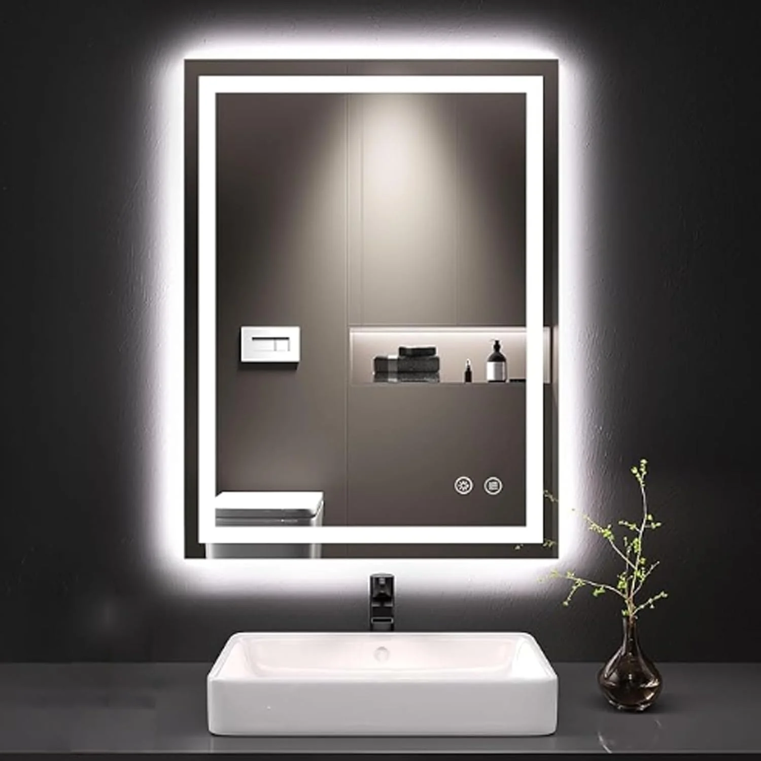 آینه حمام مربعی، آینه حمام ال ای دی دار، آینه روشویی ضد بخار، کم نور کننده سه رنگ بی نهایت، کلید لمسی هوشمند دیواری، مناسب برای حمام، دکوراسیون منزل (نور سه رنگ، 15