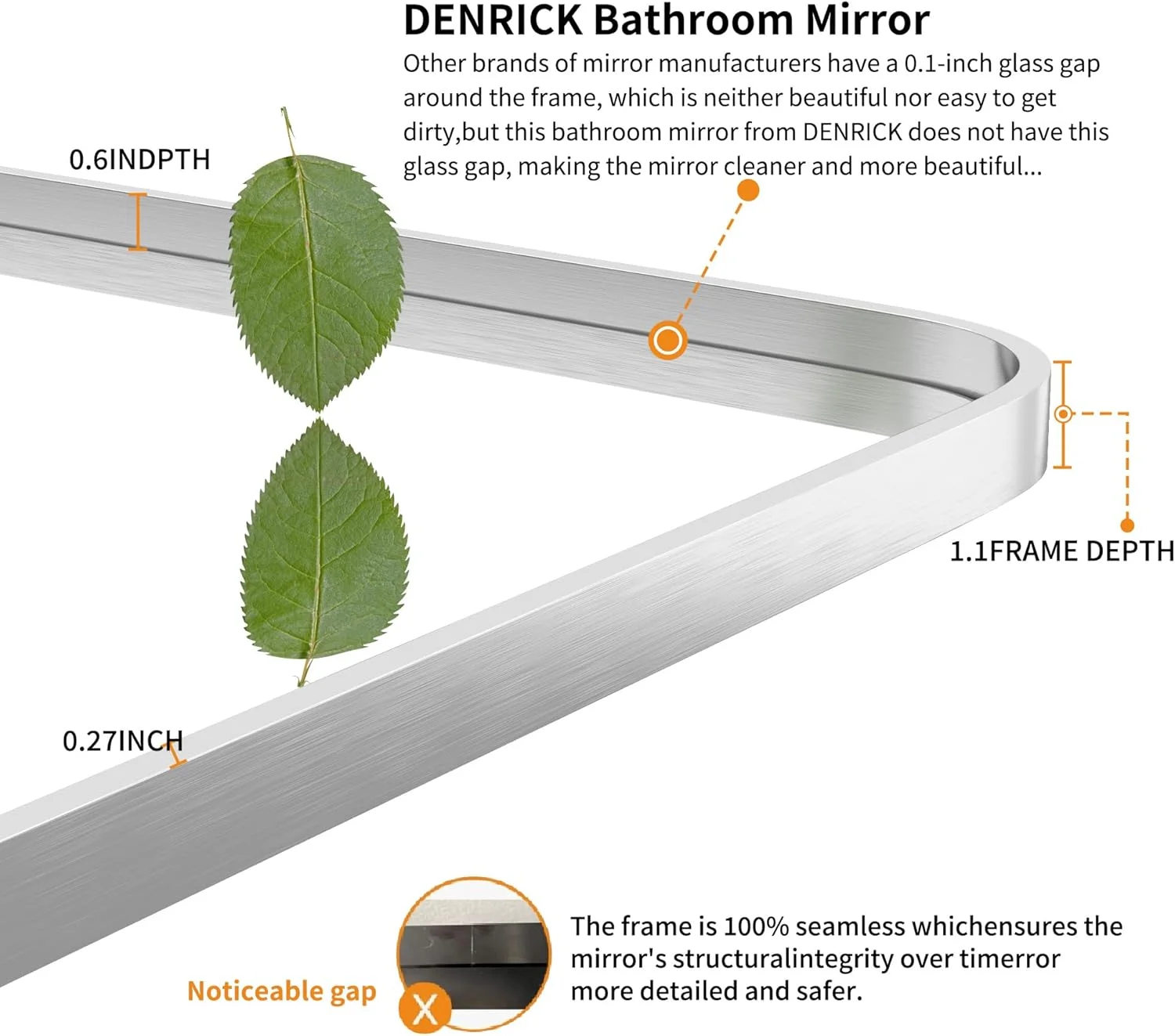 آینه دیواری مستطیلی دِنریک با قاب فلزی برس خورده نیکل، مناسب حمام، سایز 40*50 سانتیمتر (قابل نصب افقی/عمودی)