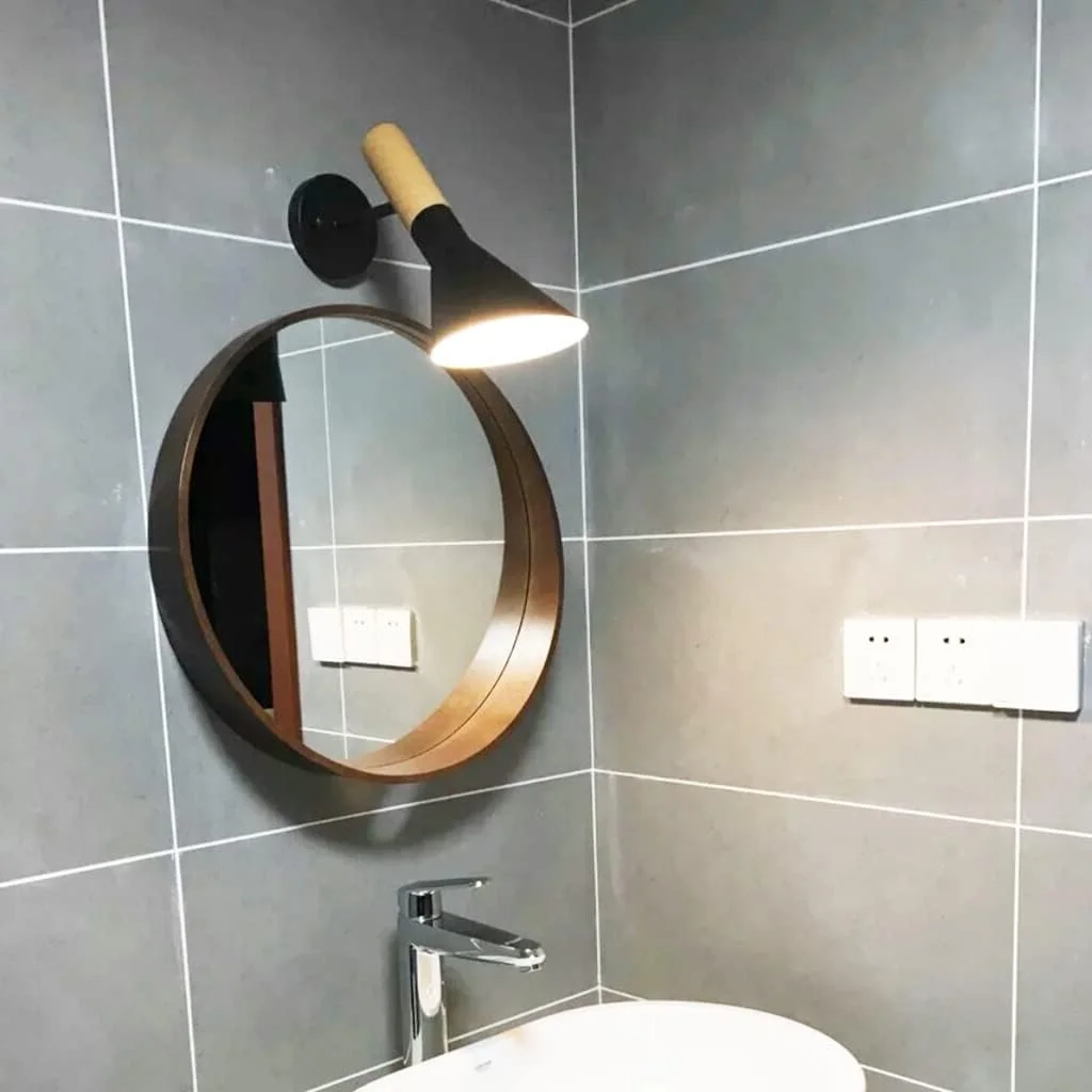 آینه دیواری دایره ای تزئینی، آینه دیواری گرد، آینه حمام، آینه آرایش، آینه روشویی اتاق خواب، آینه دکوری ورودی، آینه با قاب چوبی (رنگ: گردویی، اندازه: 50 سانتی متر / 19.7 اینچ)