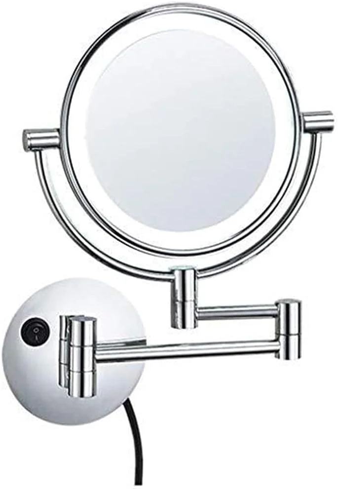 آینه دیواری با سیم برق، قطر 20 سانتی متر، نور سفید، آینه معمولی در جلو و آینه بزرگنمایی 3 برابر در پشت، آینه آرایشی حمام