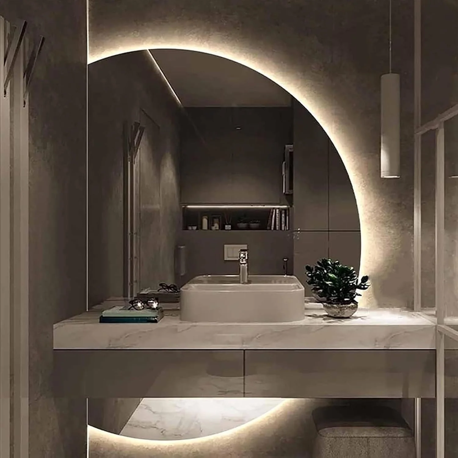 آینه دیواری بزرگ نیمه ماه، آینه حمام LED با قابلیت تنظیم نور و ضد بخار در 3 رنگ، آینه تزئینی نور پس زمینه، مناسب برای اتاق خواب، اتاق نشیمن، ورودی 70×100 سانتی متر (برش سمت چپ، 30 * 43 اینچ)