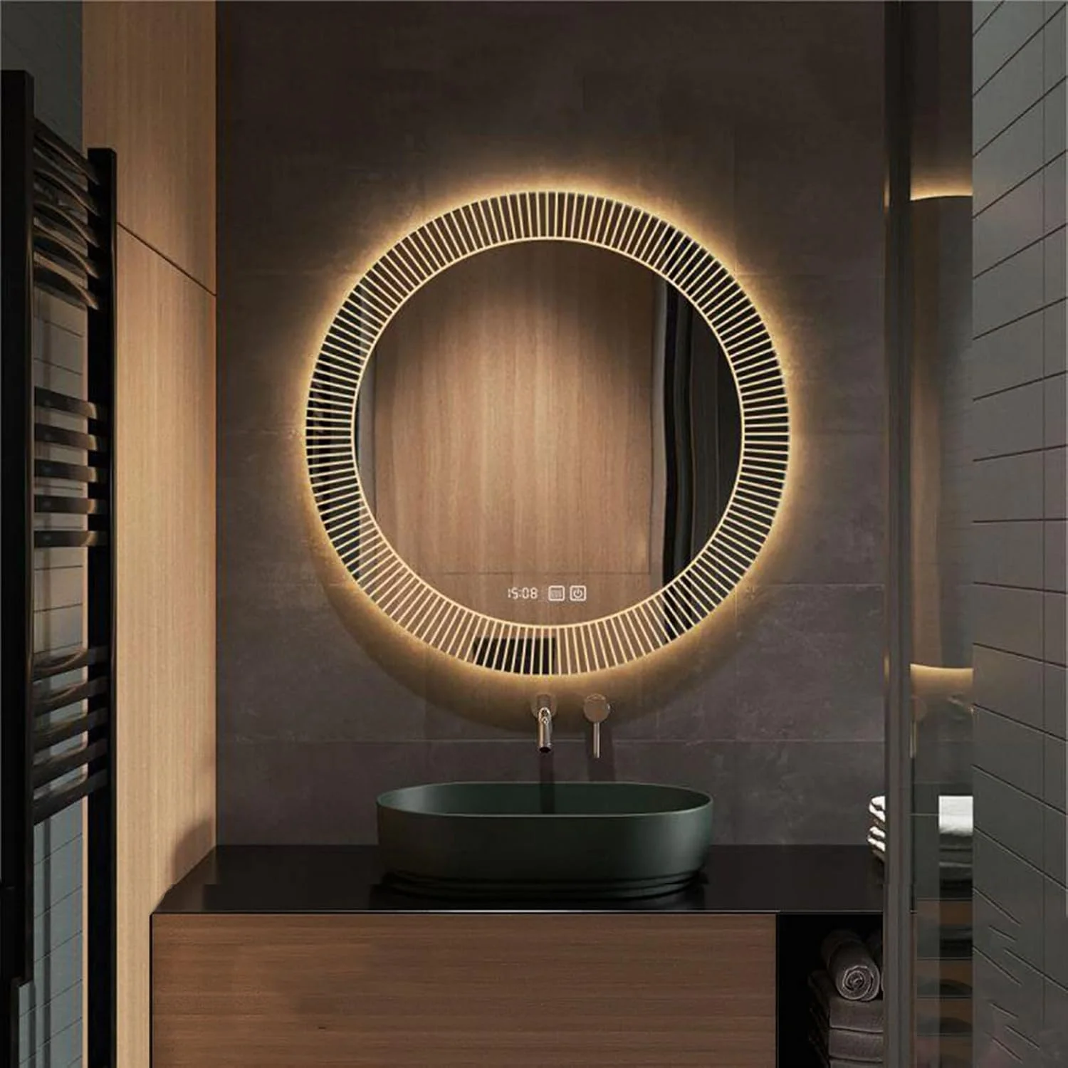 آینه دیواری ضد انفجار با قابلیت تنظیم نور در 3 رنگ، آینه گرد ضد بخار مناسب حمام، آینه آرایشی شیک با دکمه لمسی، مناسب برای حمام، اتاق خواب، اتاق نشیمن، راهرو، ورودی و میز آرایش (سایز: 80 سانتیمتر)