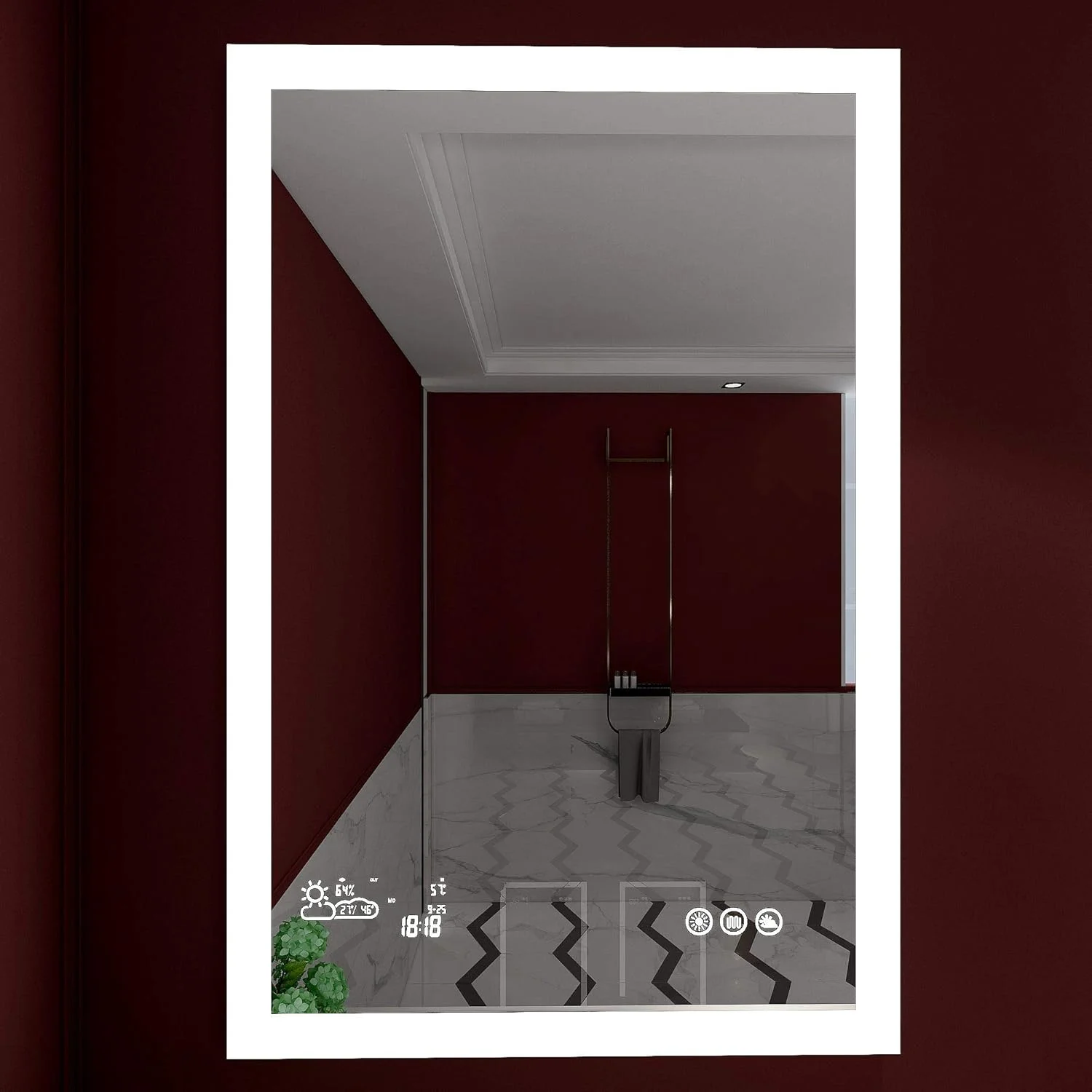 آینه حمام نورپردازی شده با قابلیت تنظیم نور، پیش بینی آب و هوا، ضد بخار و کلید لمسی حافظه دار، آینه آرایشی با لومن بالا 6500K CRI>90، نمایشگر تاریخ، زمان، دما و رطوبت