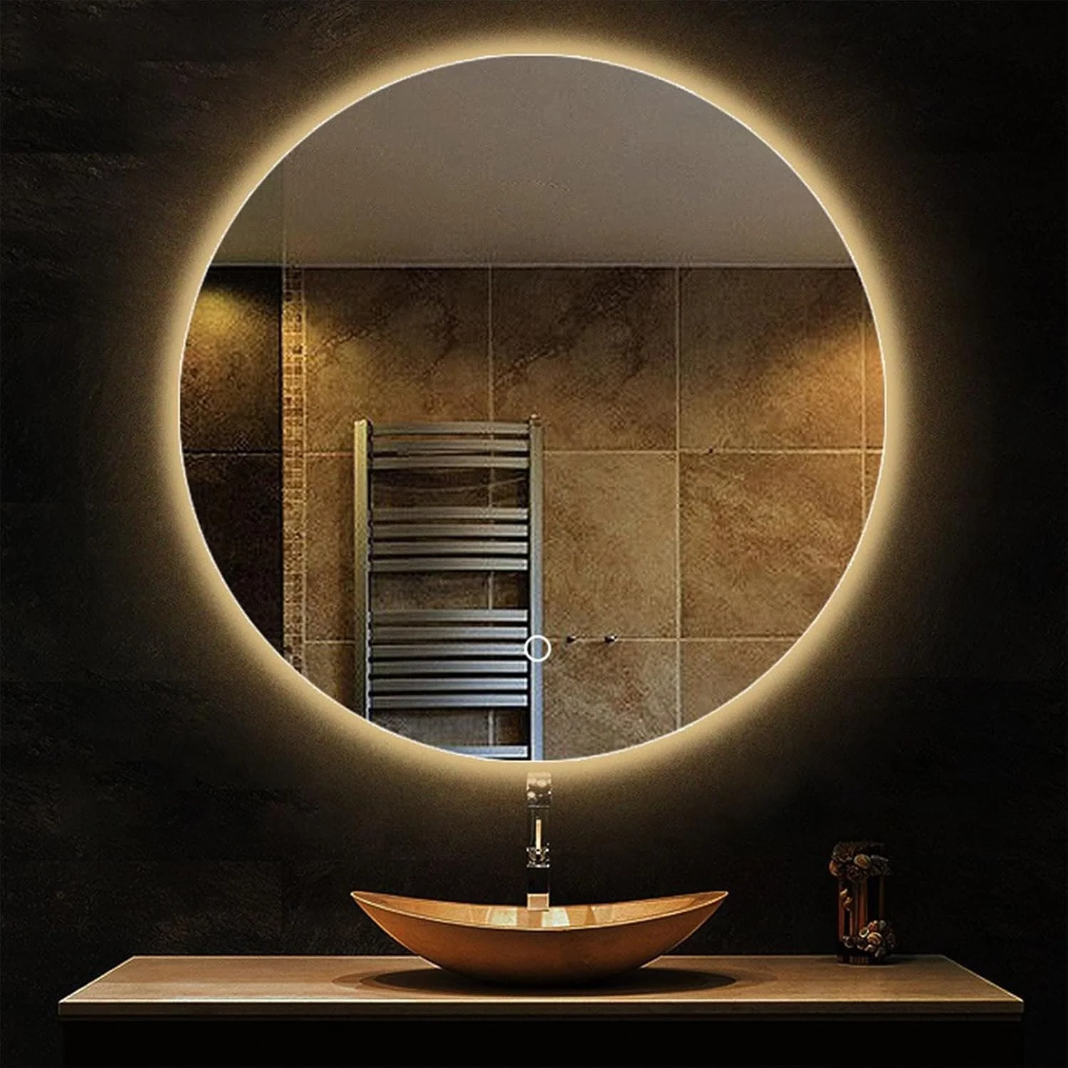 آینه دیواری LED کم نور شونده برای حمام، آینه هوشمند HD، کلید لمسی، آینه روشویی دیواری LED با نور سه رنگ، آینه ضد بخار برای حمام، اتاق نشیمن (نور گرم، 70 سانتی متر)