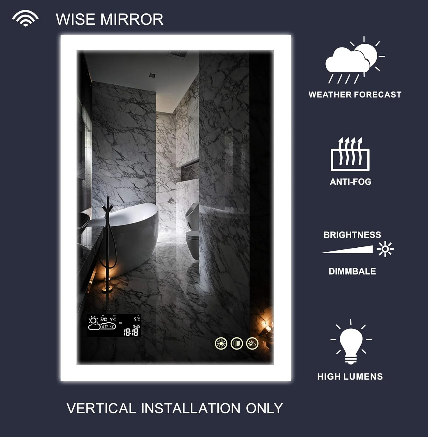آینه حمام نورپردازی شده با قابلیت تنظیم نور، پیش بینی آب و هوا، ضد بخار و کلید لمسی حافظه دار، آینه آرایشی با لومن بالا 6500K CRI>90، نمایشگر تاریخ، زمان، دما و رطوبت