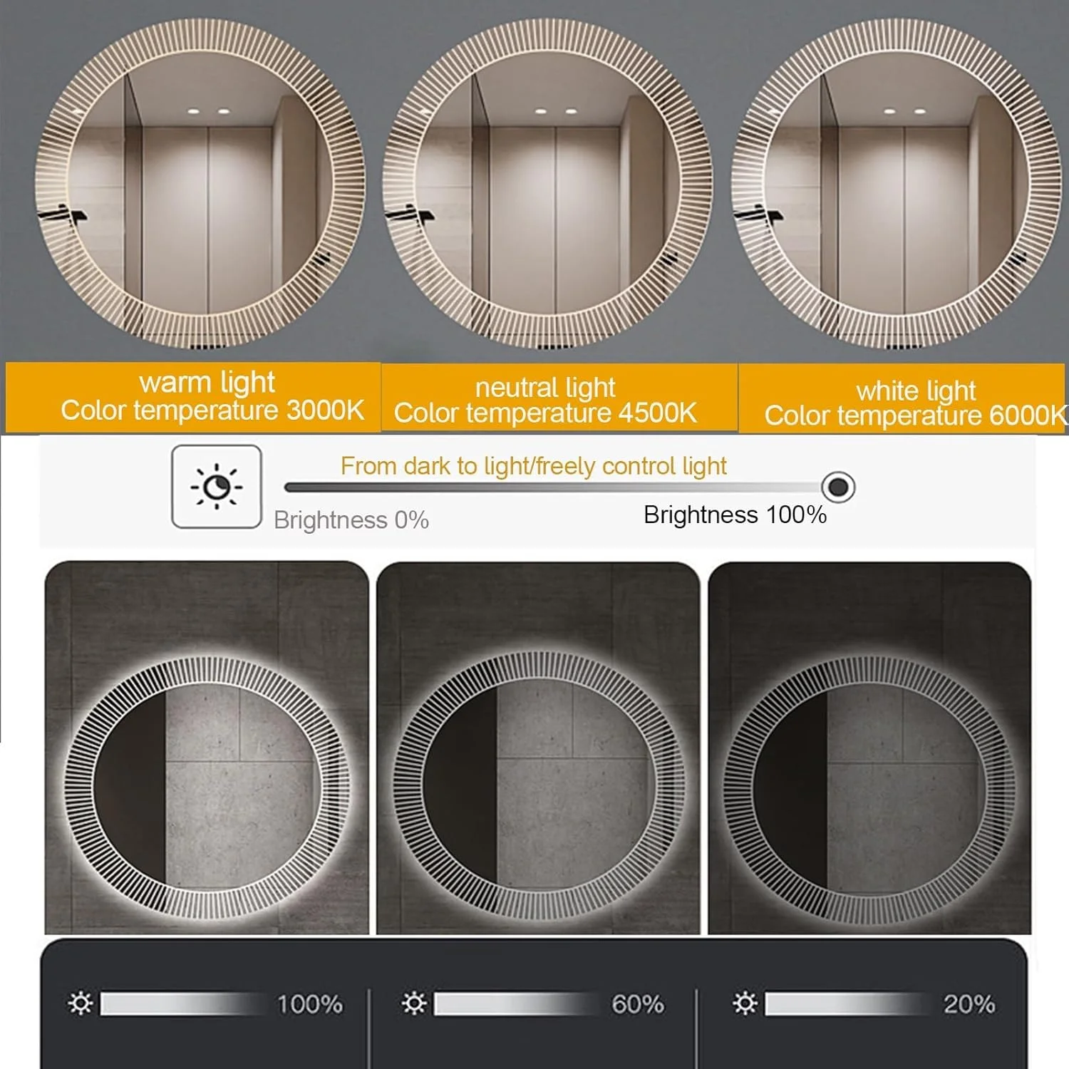 آینه دیواری ضد انفجار با قابلیت تنظیم نور در 3 رنگ، آینه گرد ضد بخار مناسب حمام، آینه آرایشی شیک با دکمه لمسی، مناسب برای حمام، اتاق خواب، اتاق نشیمن، راهرو، ورودی و میز آرایش (سایز: 80 سانتیمتر)