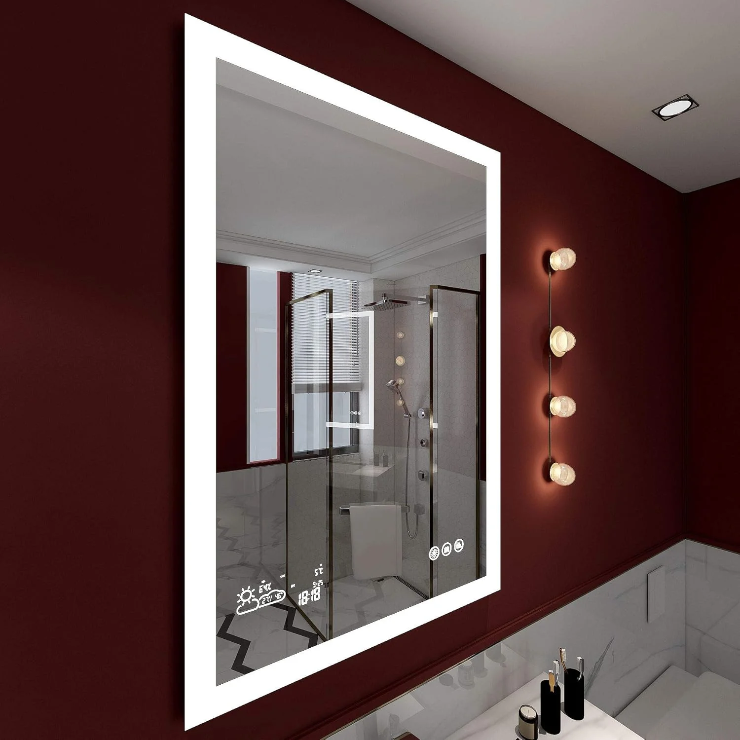 آینه حمام نورپردازی شده با قابلیت تنظیم نور، پیش بینی آب و هوا، ضد بخار و کلید لمسی حافظه دار، آینه آرایشی با لومن بالا 6500K CRI>90، نمایشگر تاریخ، زمان، دما و رطوبت