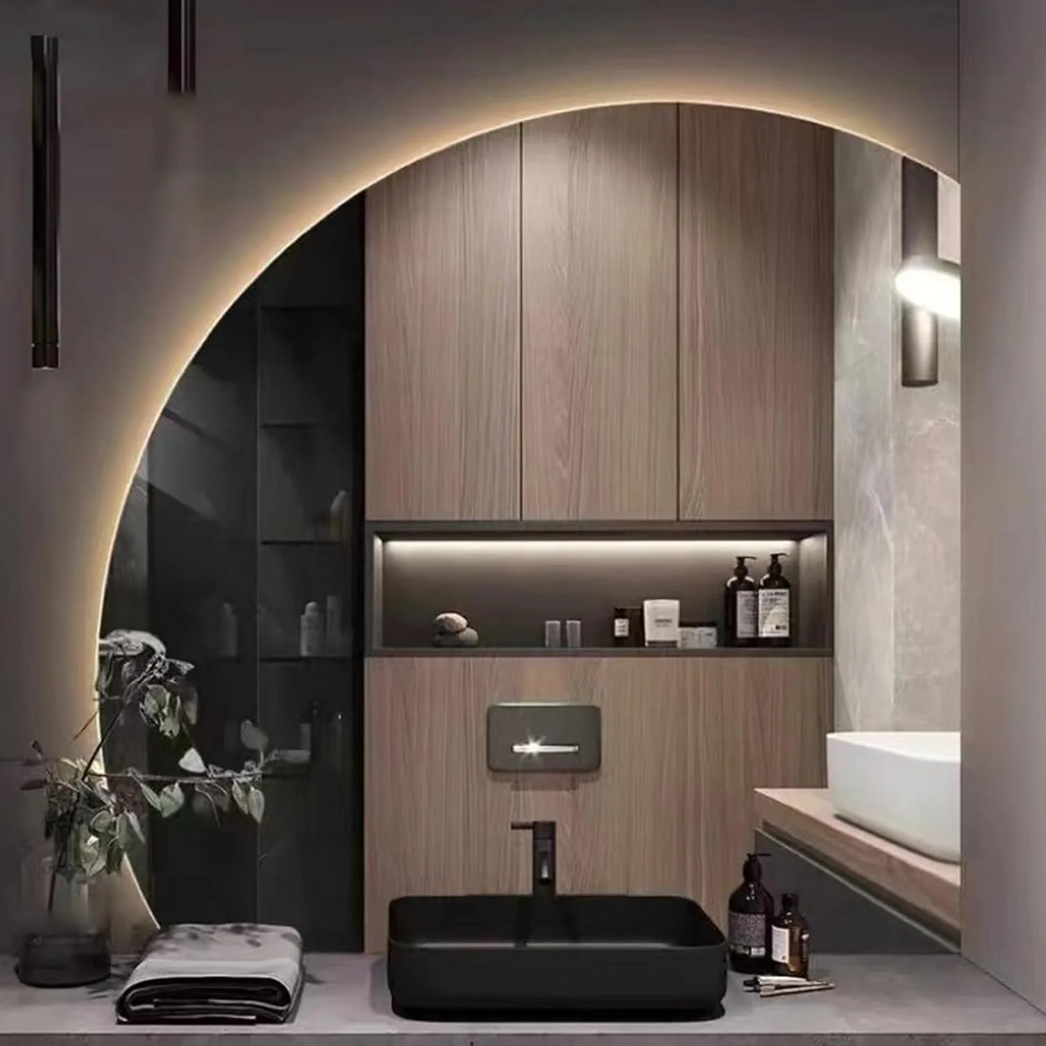 آینه روشویی نوردار دایره ای، آینه دیواری گرد برای حمام، سه رنگ، آینه هوشمند ضد بخار لمسی برای حمام، اتاق نشیمن، ورودی (110 سانتی متر)