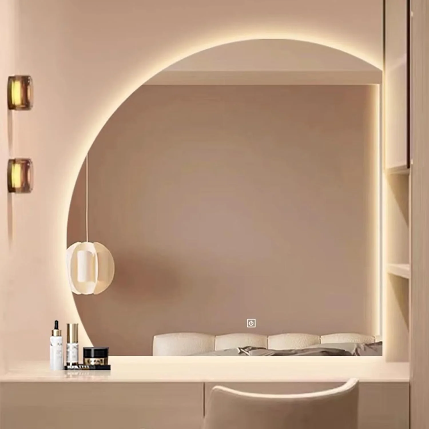 آینه روشویی نوردار دایره ای، آینه دیواری گرد برای حمام، سه رنگ، آینه هوشمند ضد بخار لمسی برای حمام، اتاق نشیمن، ورودی (110 سانتی متر)