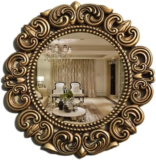 آینه آرایشی، آینه رترو، آینه طلایی کهنه کاری شده مناسب حمام هتل، آینه تزئینی اتاق خواب به سبک اروپایی با قاب گرد حکاکی شده 51 * 51 سانتی متر، سبک های متنوع (رنگ: طلایی، اندازه: 51 * 51 سانتی متر)