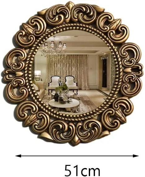 آینه آرایشی، آینه رترو، آینه طلایی کهنه کاری شده مناسب حمام هتل، آینه تزئینی اتاق خواب به سبک اروپایی با قاب گرد حکاکی شده 51 * 51 سانتی متر، سبک های متنوع (رنگ: طلایی، اندازه: 51 * 51 سانتی متر)