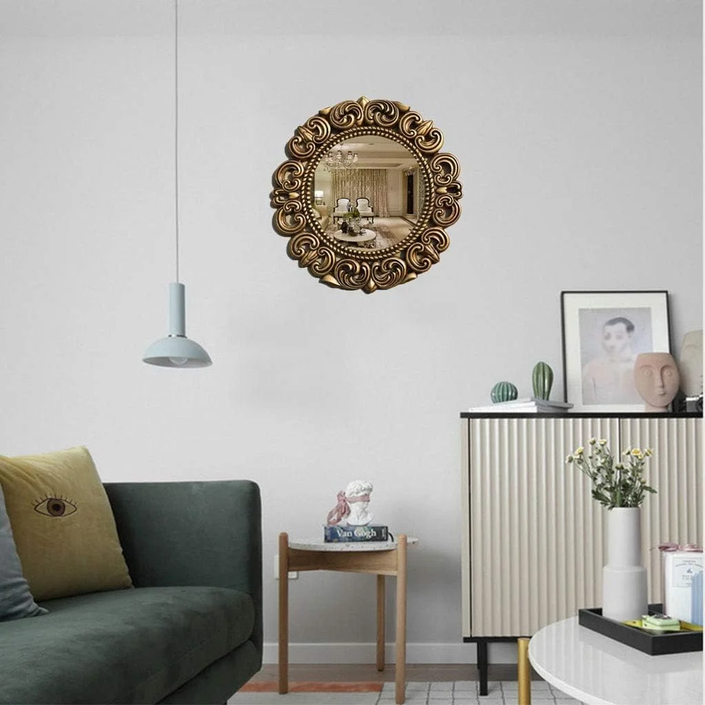 آینه آرایشی، آینه رترو، آینه طلایی کهنه کاری شده مناسب حمام هتل، آینه تزئینی اتاق خواب به سبک اروپایی با قاب گرد حکاکی شده 51 * 51 سانتی متر، سبک های متنوع (رنگ: طلایی، اندازه: 51 * 51 سانتی متر)