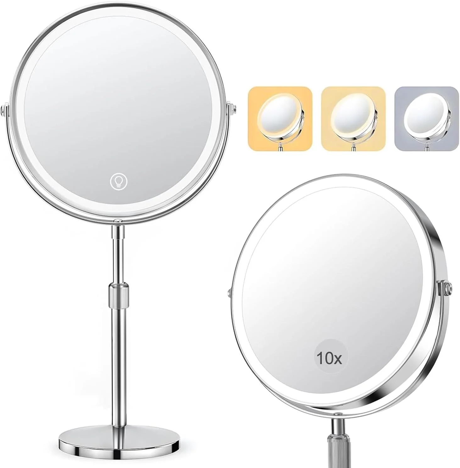آینه آرایشی چراغ دار DMG با بزرگنمایی 1X و 10X، آینه رومیزی با چرخش لمسی، 3 رنگ نور، آینه رومیزی قابل شارژ برای آرایش منزل، مسافرت و مراقبت از پوست