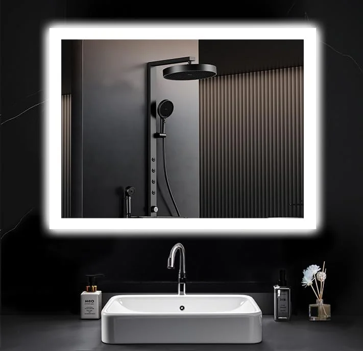 آینه حمام با نورپردازی 80 در 60 سانتی متر، آینه حمام ال ای دی با نور، ضد بخار، 2 رنگ نور، 3000 کلوین / 6500 کلوین، دکمه فشاری، شیشه ضد انفجار، آینه حمام ال ای دی