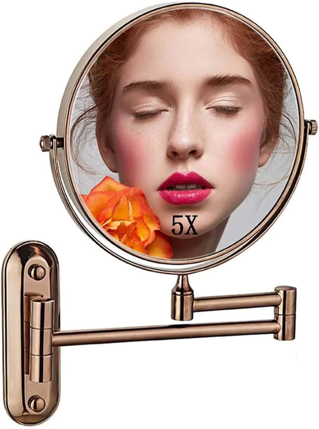 آینه آرایشی دیواری با بزرگنمایی 5 برابر، آینه گرد 8 اینچی حمام با قابلیت چرخش 360 درجه، ایده آل برای آرایش، استفاده از لنز و اصلاح (رزگلد)