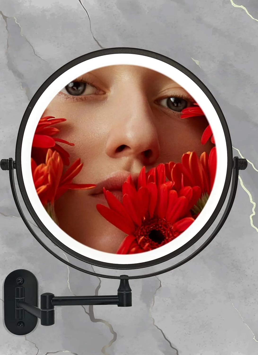 آینه آرایشی دو طرفه بزرگنمایی دار 9 اینچی، قابل نصب روی دیوار حمام، مناسب آرایش و اصلاح با چراغ های LED، بزرگنمایی 1X/10X (مشکی - بزرگنمایی 7X، با چراغ LED)