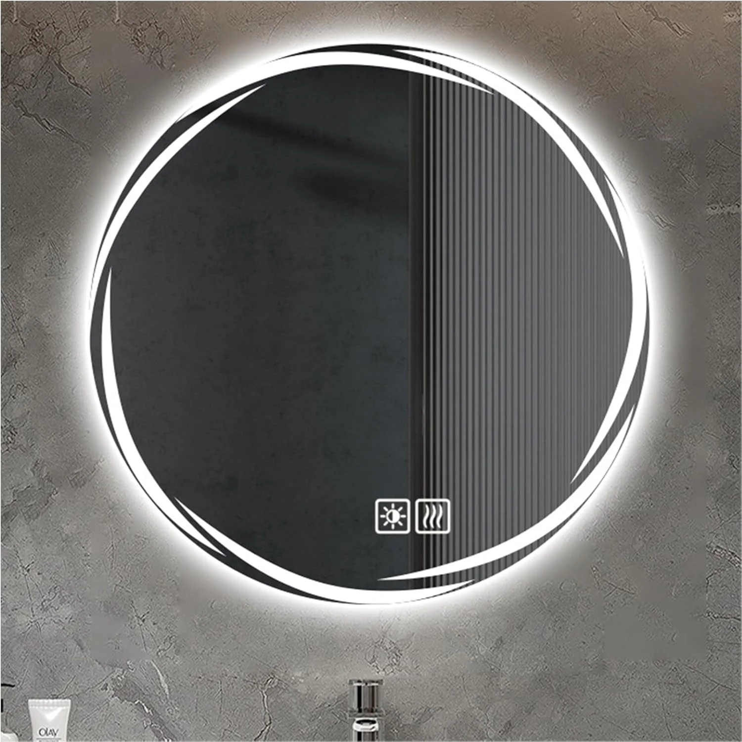آینه روشویی نوردار و دیمر شونده، آینه گرد دیواری، سه رنگ نور، آینه هوشمند ضد بخار با دکمه لمسی برای حمام، اتاق نشیمن، ورودی (نور سه رنگ، 100 سانتی متر)