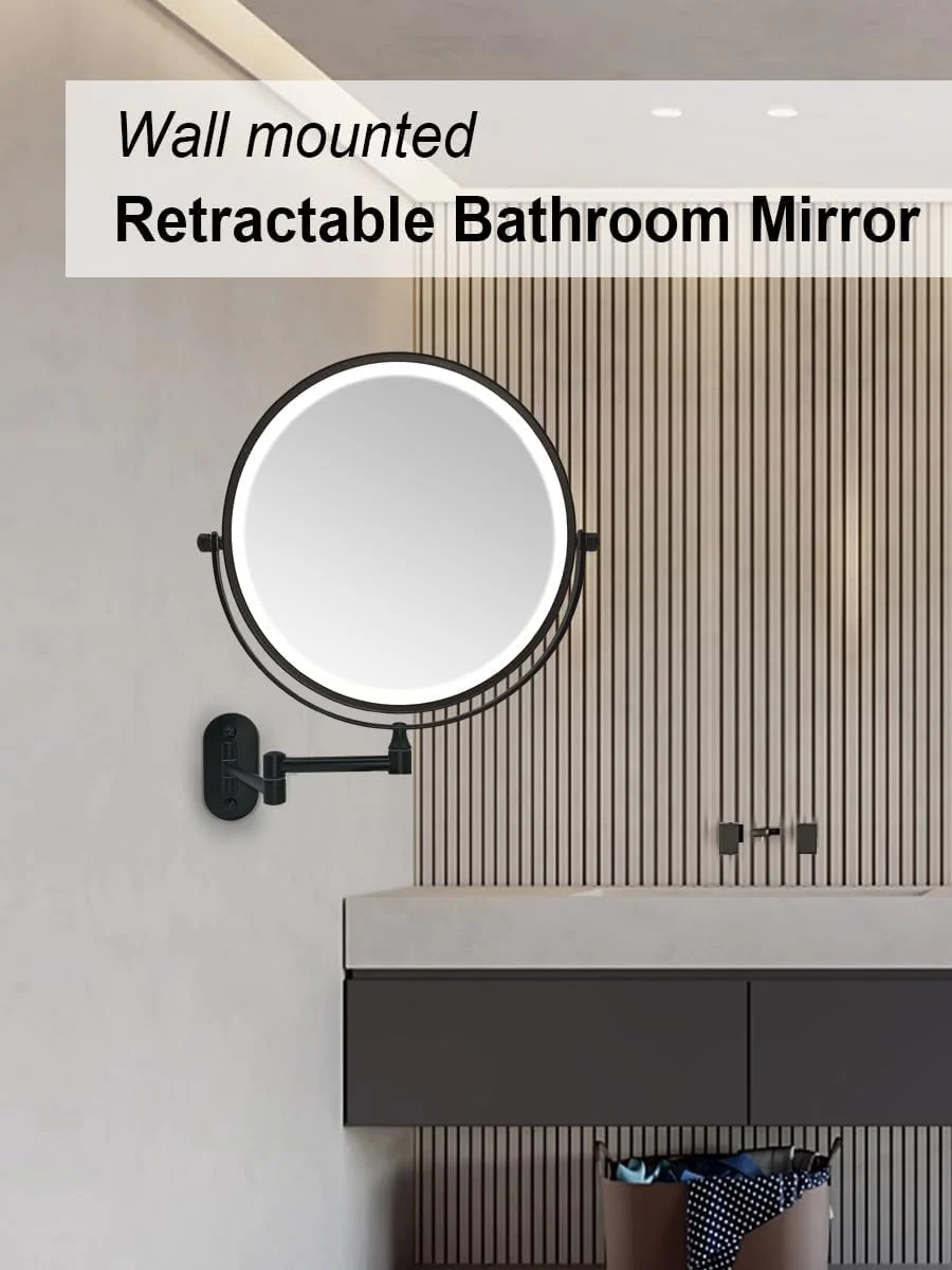 آینه آرایشی دو طرفه بزرگنمایی دار 9 اینچی، قابل نصب روی دیوار حمام، مناسب آرایش و اصلاح با چراغ های LED، بزرگنمایی 1X/10X (مشکی - بزرگنمایی 7X، با چراغ LED)