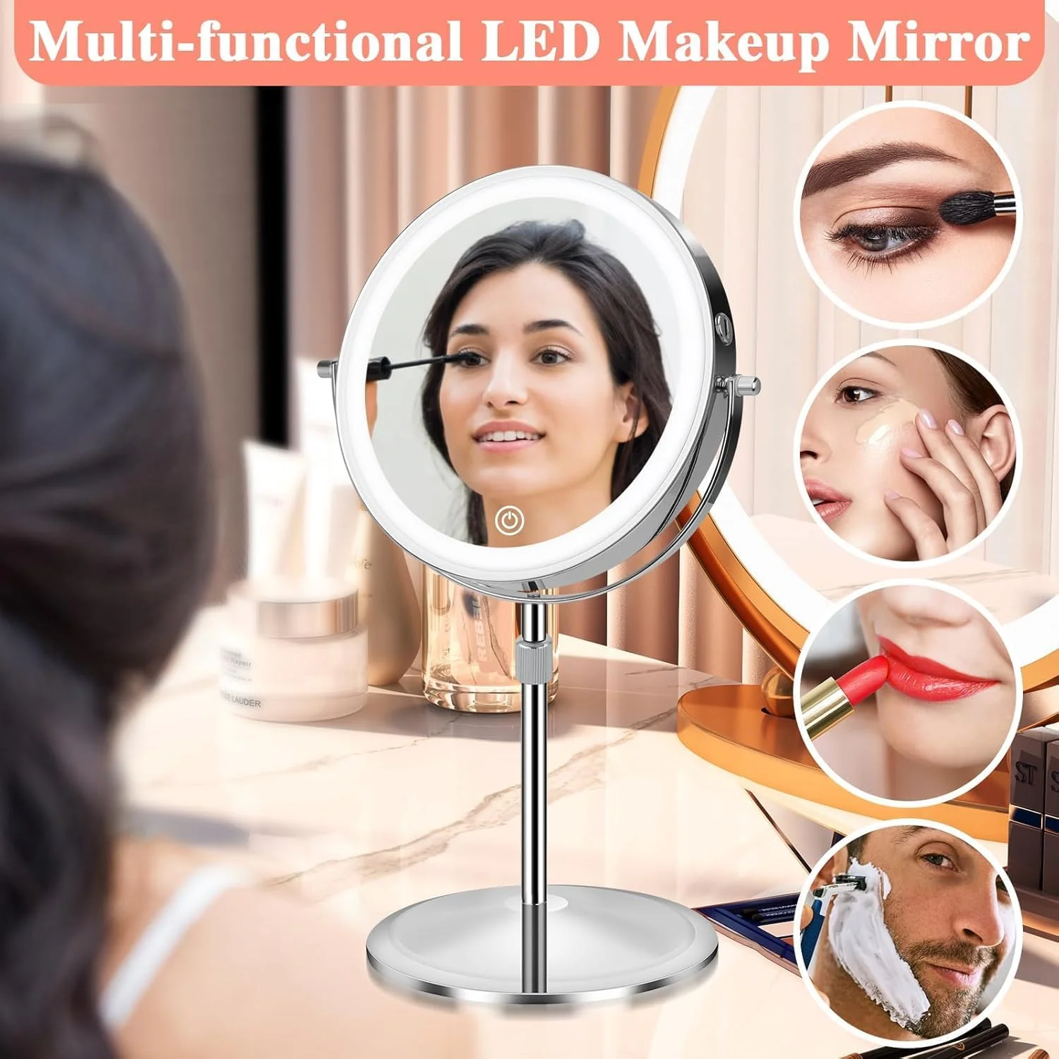 آینه آرایشی چراغ دار DMG با بزرگنمایی 1X و 10X، آینه رومیزی با چرخش لمسی، 3 رنگ نور، آینه رومیزی قابل شارژ برای آرایش منزل، مسافرت و مراقبت از پوست