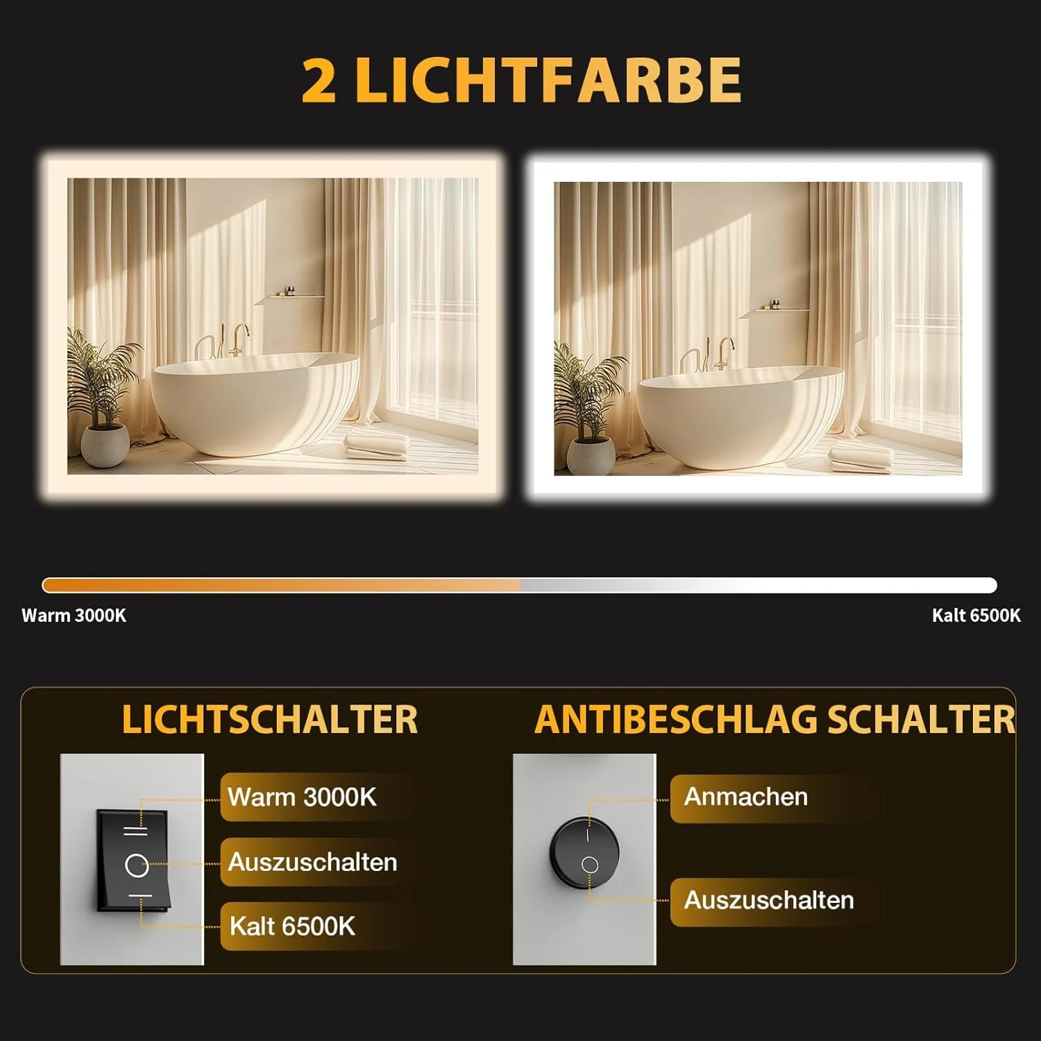 آینه حمام با نورپردازی 80 در 60 سانتی متر، آینه حمام ال ای دی با نور، ضد بخار، 2 رنگ نور، 3000 کلوین / 6500 کلوین، دکمه فشاری، شیشه ضد انفجار، آینه حمام ال ای دی