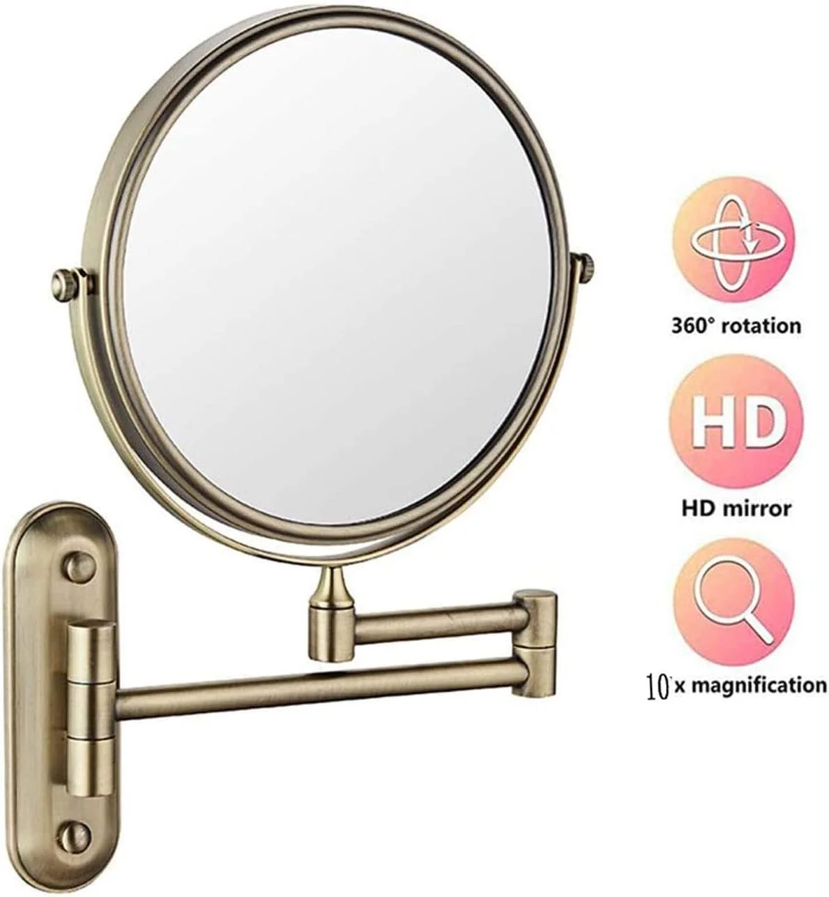 آینه آرایشی دیواری حمام، آینه آرایشی گرد با بزرگنمایی 10 برابر، آینه آرایشی دو طرفه با چرخش 360 درجه، برای آرایش، اصلاح صورت و مراقبت از پوست (برنزی)