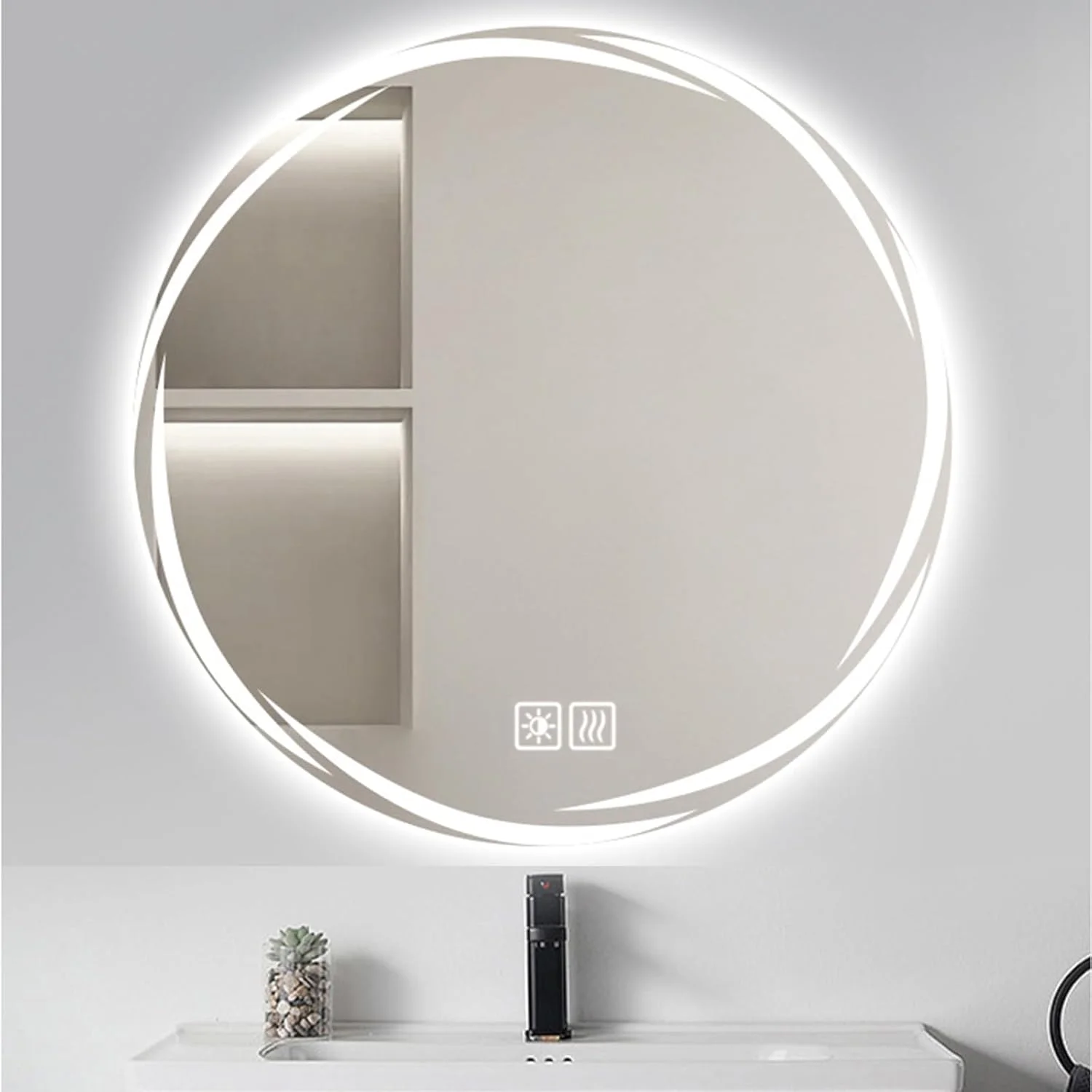 آینه روشویی نوردار و دیمر شونده، آینه گرد دیواری، سه رنگ نور، آینه هوشمند ضد بخار با دکمه لمسی برای حمام، اتاق نشیمن، ورودی (نور سه رنگ، 100 سانتی متر)