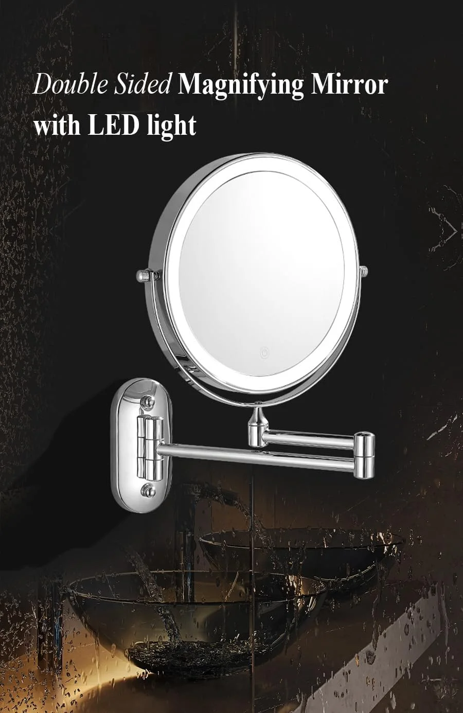 آینه آرایشی دو طرفه بزرگنمایی دار 9 اینچی، قابل نصب روی دیوار حمام، مناسب آرایش و اصلاح با چراغ های LED، بزرگنمایی 1X/10X (مشکی - بزرگنمایی 7X، با چراغ LED)