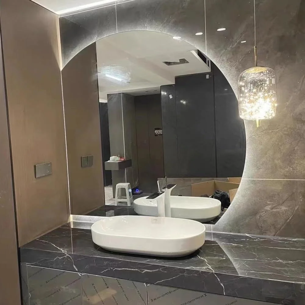 آینه حمام LED دیمر دار - آینه دیواری بدون قاب ضد بخار با نور 3 رنگ، آینه آرایش نیم دایره دکور خانه (برش زیر سمت چپ 100 سانتی متر / 40 اینچ)