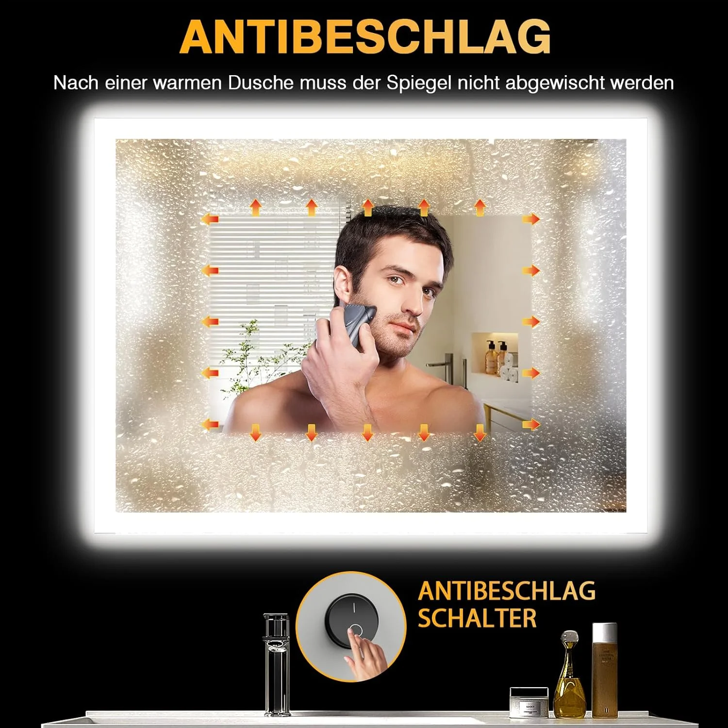 آینه حمام با نورپردازی 80 در 60 سانتی متر، آینه حمام ال ای دی با نور، ضد بخار، 2 رنگ نور، 3000 کلوین / 6500 کلوین، دکمه فشاری، شیشه ضد انفجار، آینه حمام ال ای دی