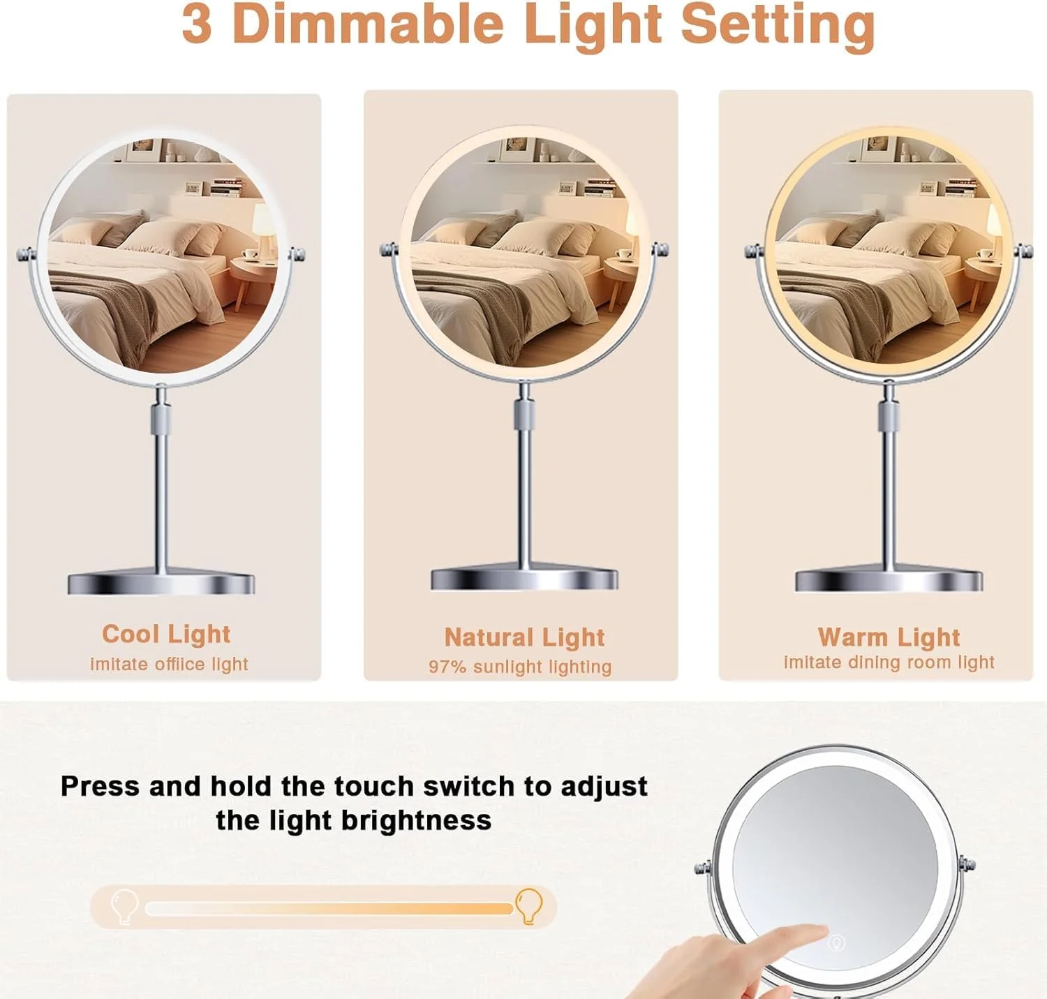 آینه آرایشی چراغ دار DMG با بزرگنمایی 1X و 10X، آینه رومیزی با چرخش لمسی، 3 رنگ نور، آینه رومیزی قابل شارژ برای آرایش منزل، مسافرت و مراقبت از پوست