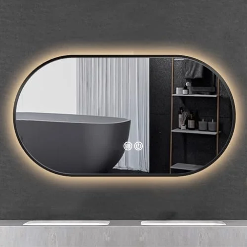 آینه حمام بیضی شکل با ابعاد 50X80 سانتی‌متر | 60X90 سانتی‌متر، آینه ال ای دی حمام، آینه دیواری با قاب آلومینیومی، مشکی، طلایی، 3 رنگ با قابلیت تنظیم نور، آینه ضد بخار، مناسب اتاق خواب (مشکی - مدل A - 50X80 سانتی‌متر)