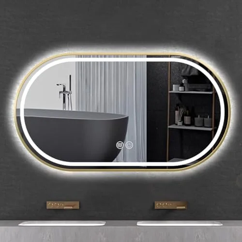 آینه حمام بیضی شکل با قاب آلومینیومی، نور ال ای دی، ضد بخار، مناسب اتاق خواب (طلایی - مدل B - 60X90 سانتی متر)